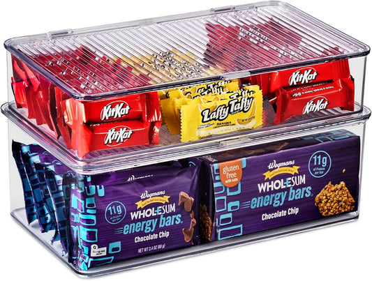 Sorbus Sturdy Plastic Storage Bins with Lid- Stackable Refrigerator Organizer Bins- MultiPurpose Versatile Lightweight Pantry Organizer- Perfect Cabinet Organizer and Storage for Kitchen- 2 Pack (S,M)