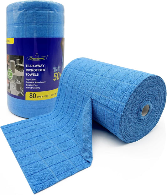 Greenfound Microfiber Cleaning Cloth Roll -80 Pack,Tear Away Towels for Car,Reusable Paper Towels Washable,Super Absorbent,Lint Free Cleaning Rags for House,Kitchen,Window-11.5"×11.5"(Check Blue)