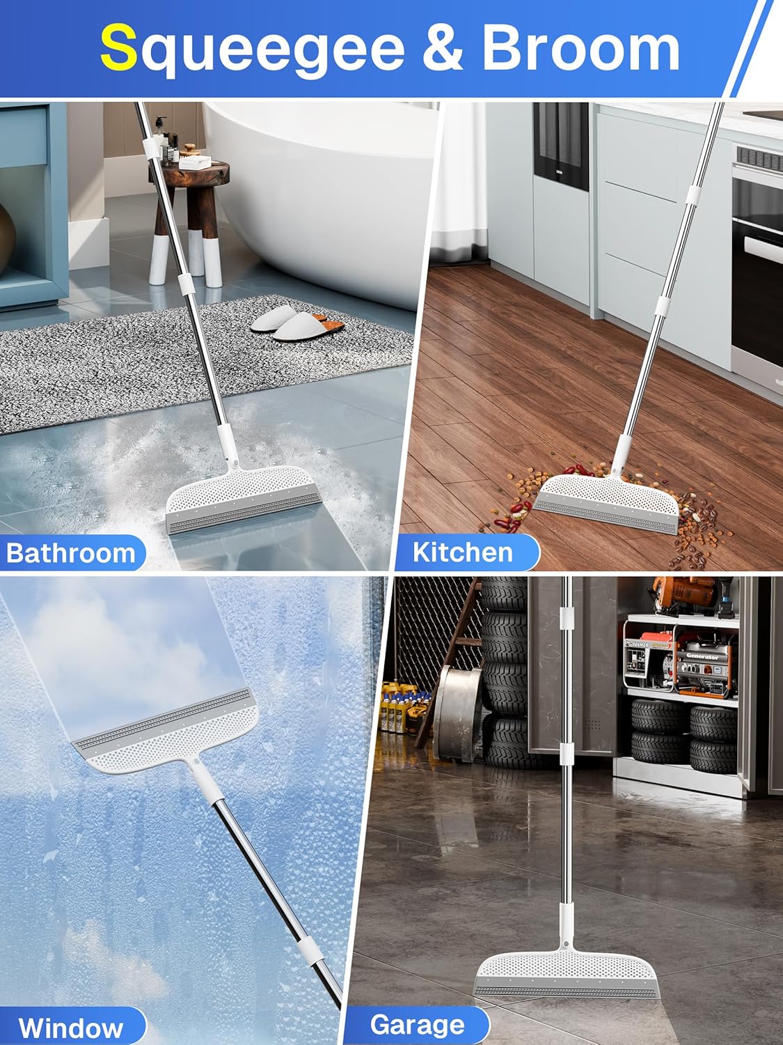 Floor Squeegee & Broom with Long Handle, 180° Rotating Head Silicone Blade Removes Water & Pet Hair | Squeegee for Tile, Shower Glass, Windows, Garage, Deck & Patio