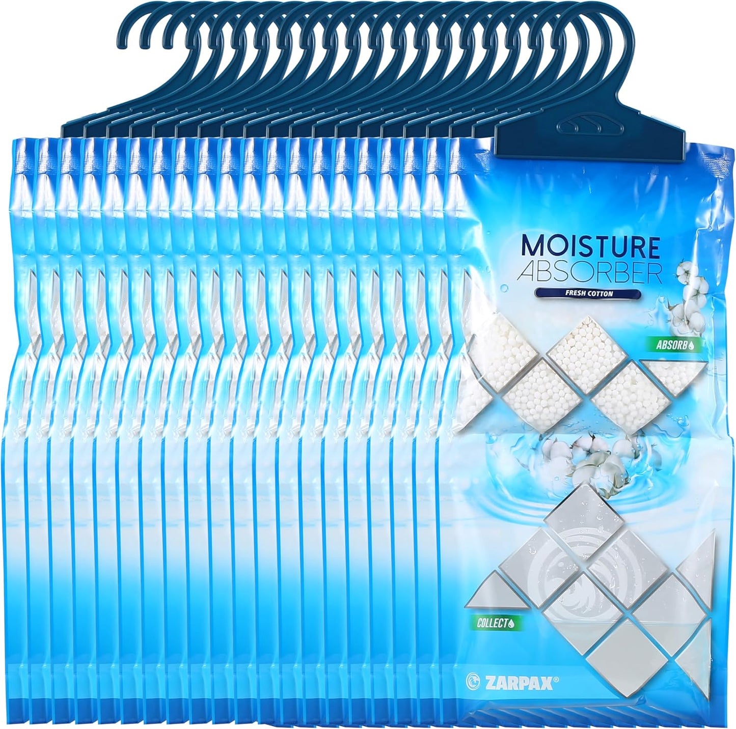 Hanging Moisture Absorber Fresh Cotton 10.6 oz/300g | Moisture Absorbing Bags for Bathroom, Closet, Kitchen & Vehicles | Removes Moisture, Humidity & Odors | Portable Dehumidifier | Set Of 20