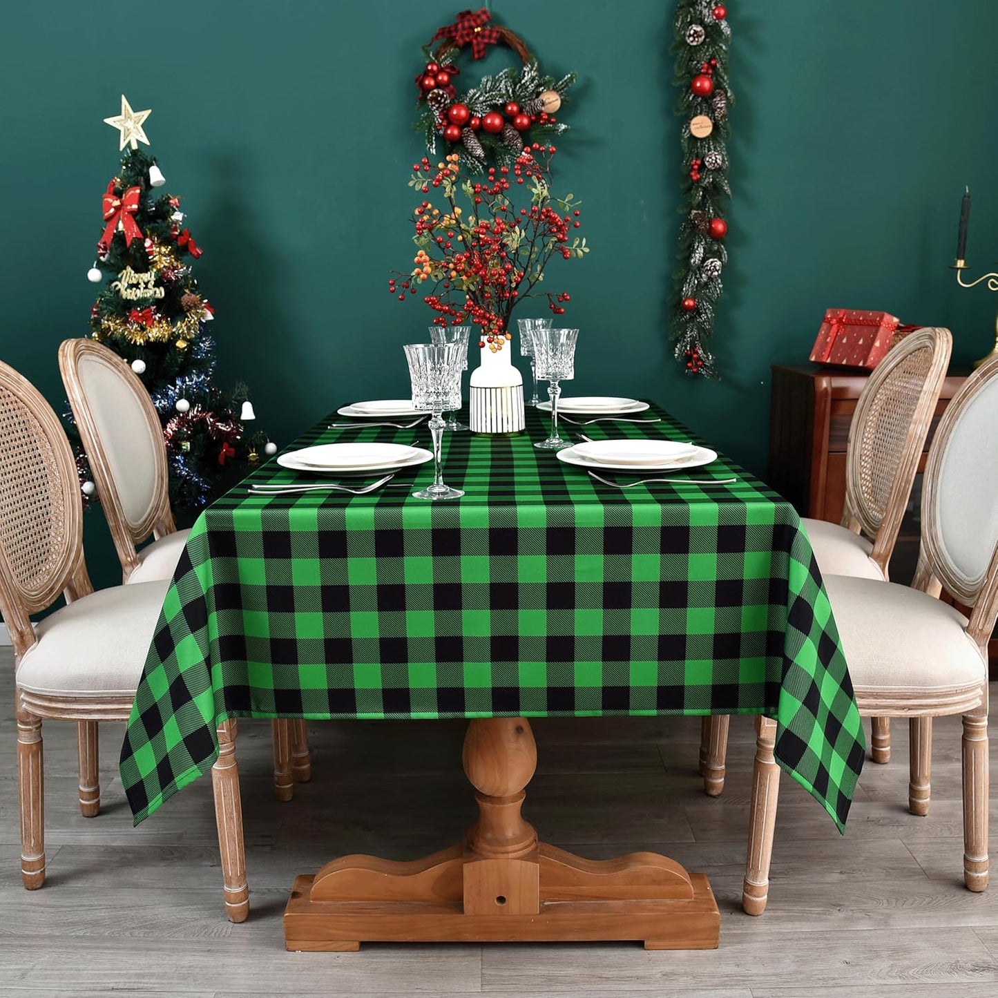 Waterproof Gingham Festive Tablecloth Fabric - Oblong 52x70 Inch Classic Buffalo Tartan Table Cloth for Outdoor Use - St. Patrick's Day Tabletop Cover for Xmas, BBQs, and Parties