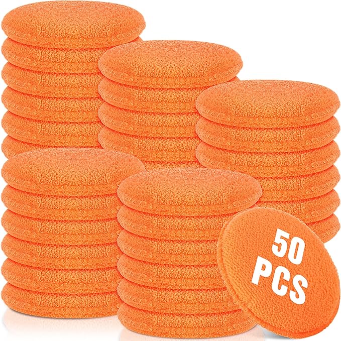 Tanlade 50 Pcs Car Detailing Microfiber Applicator Pad Wax Applicator Wash Microfiber Pads, 5 Inch Diameter (Orange)