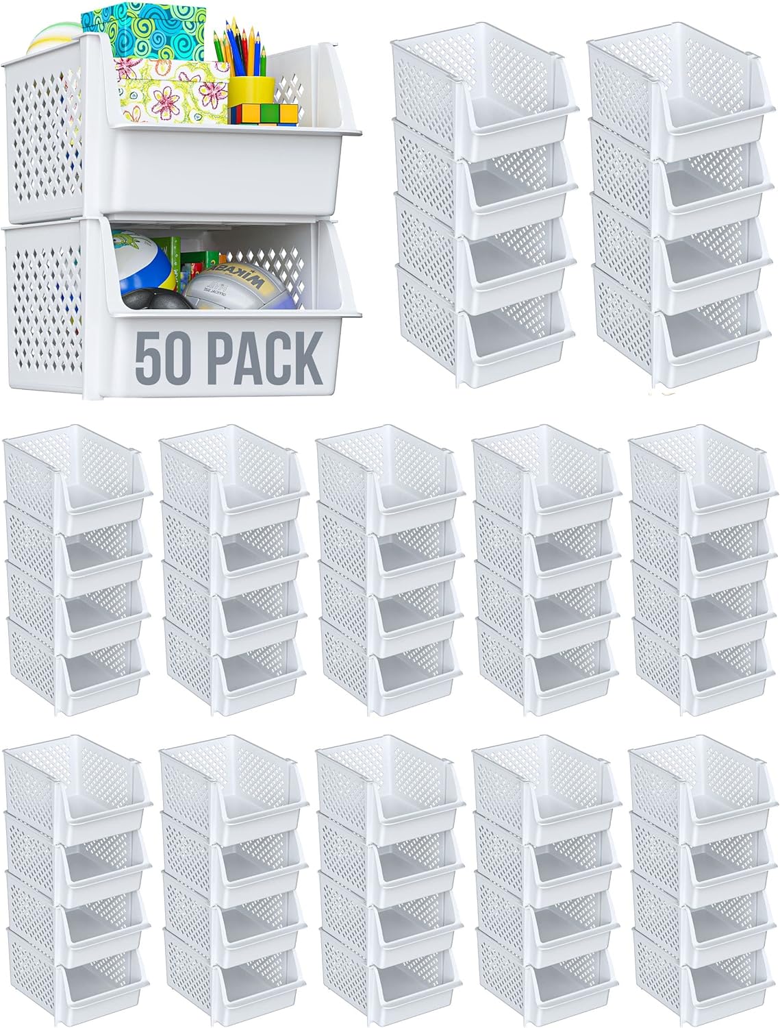 Skywin Plastic Stackable Storage Bins for Pantry - Stackable Bins for Organizing Food, Kitchen, and Bathroom Essentials (White - 50 Pack)