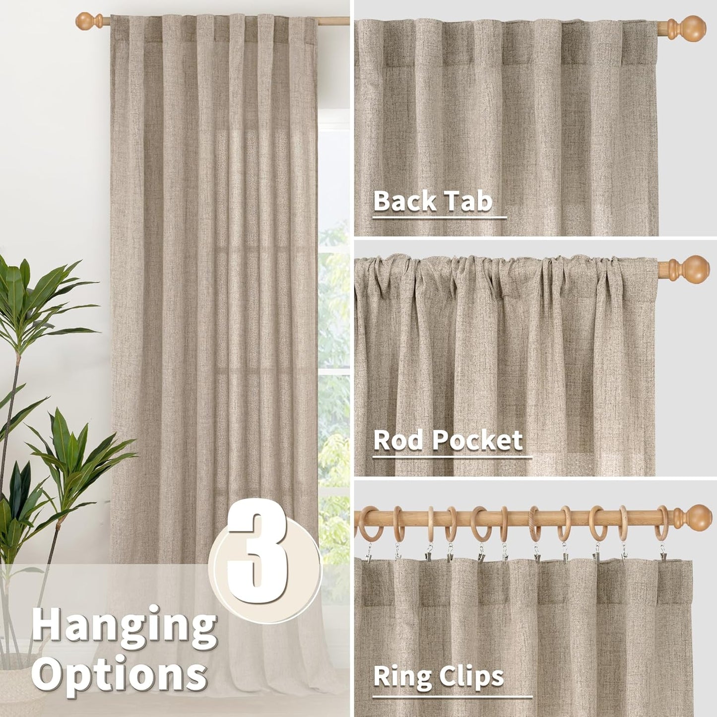 YoungsTex Linen Semi Sheer Curtains 95 Inches Long 2 Panels for Living Room, Textured Floor Length Drapes Light Filtering with Rod Pocket Back Tab for Bedroom, Dark Oatmeal,52 X 95 Inch