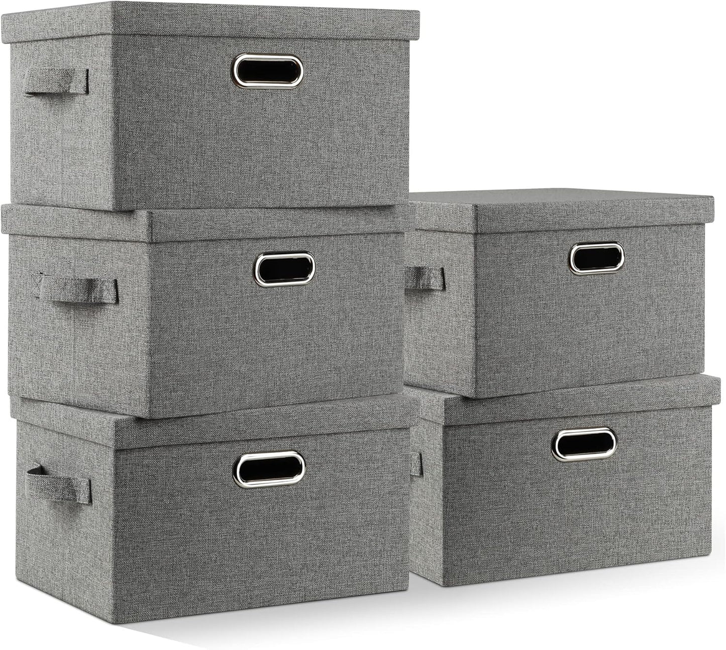Medium 15" 21 Quart Collapsible Stackable Storage Bins with Lids, 5 Packs Grey Foldable Fabric Closet Boxes Heavy-duty Linen Cube Baskets Container for Bedroom Office (15 x 11 x 8)