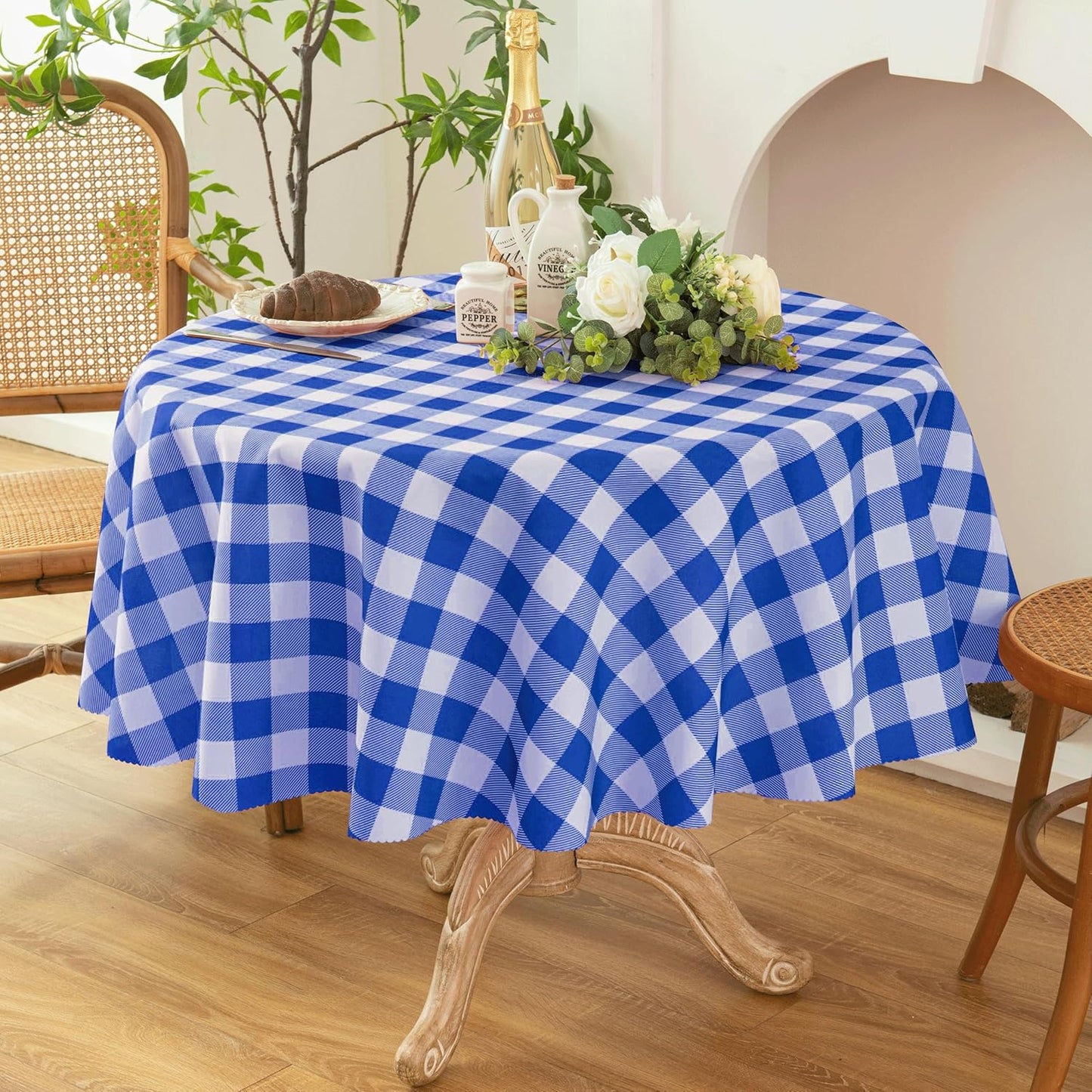 Waterproof Plaid Tablecloth Fabric - Round 50 Inch Classic Gingham Checker Table Cloth for Indoor/Outdoor Use - Buffalo Table Cover for Picnics, BBQs, and Parties