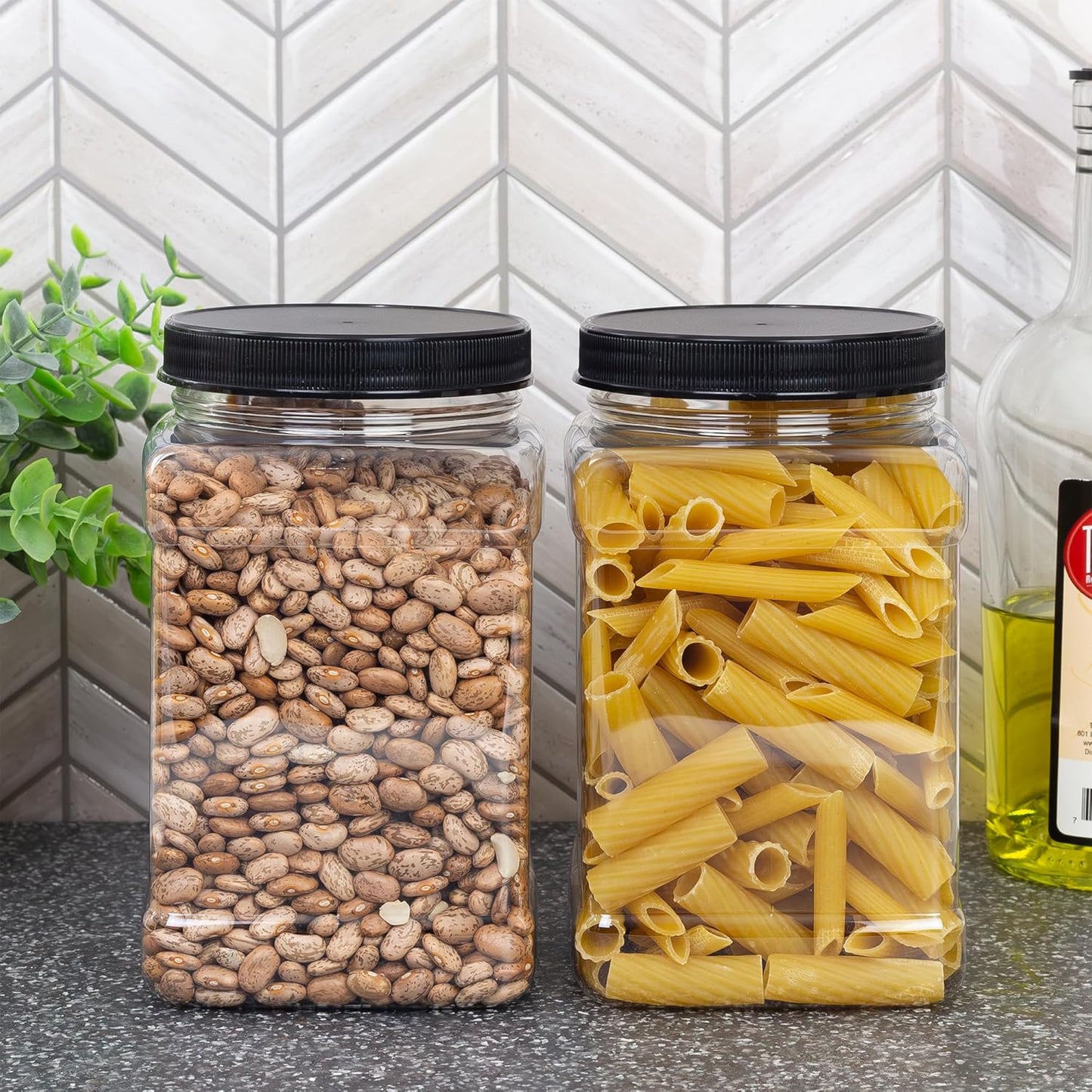 Cornucopia Brands 48oz Square Plastic Jars (3-Pack); Clear Rectangular 6-Cup Canisters w/Black Lids, Easy-Grip Side