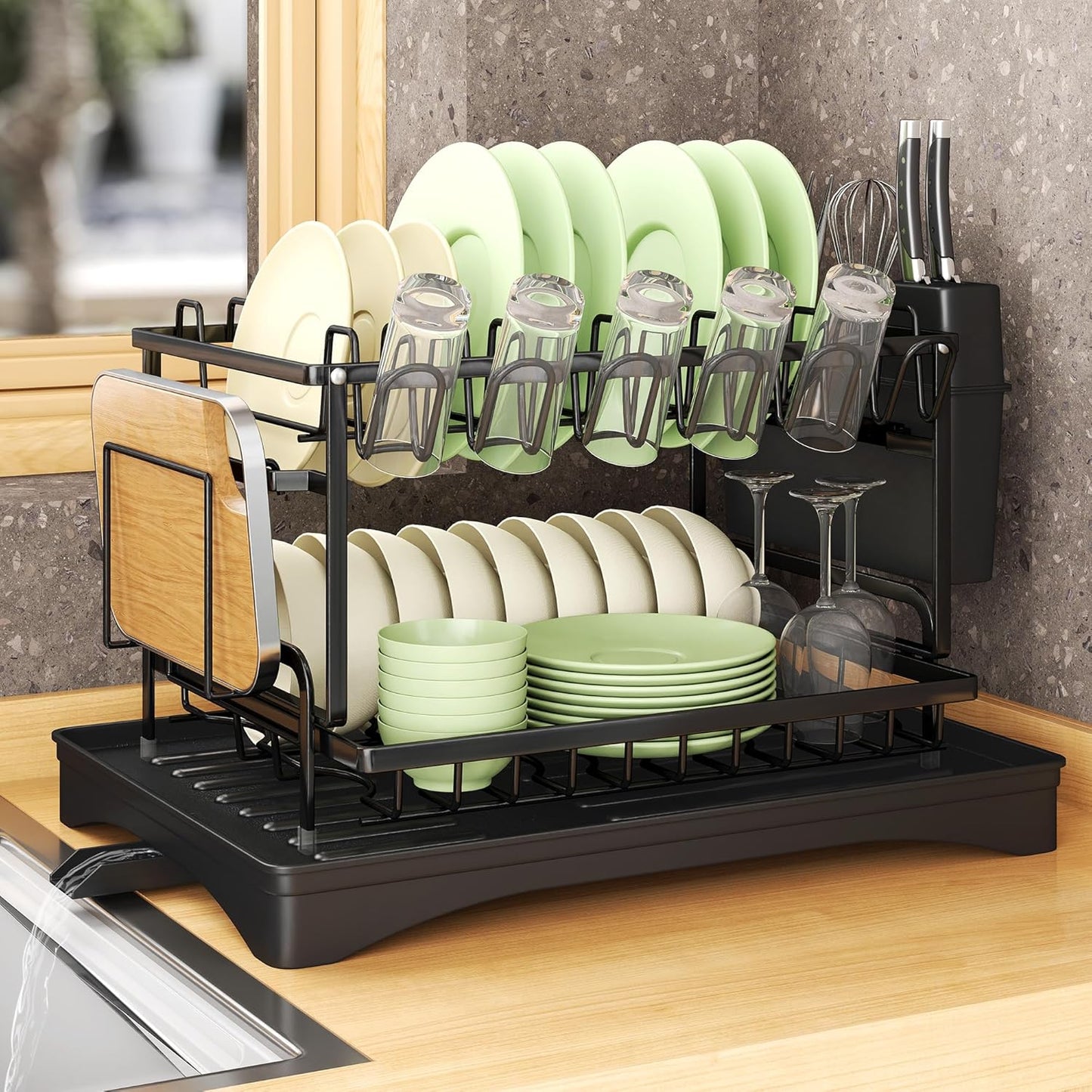 Dish Drying Rack-Dish Rack for Kitchen Counter, 2-Tier Kitchen Organizers and Storage Rack with Drainboard and Cutlery Holder, Large 1 Pack Carbon Steel