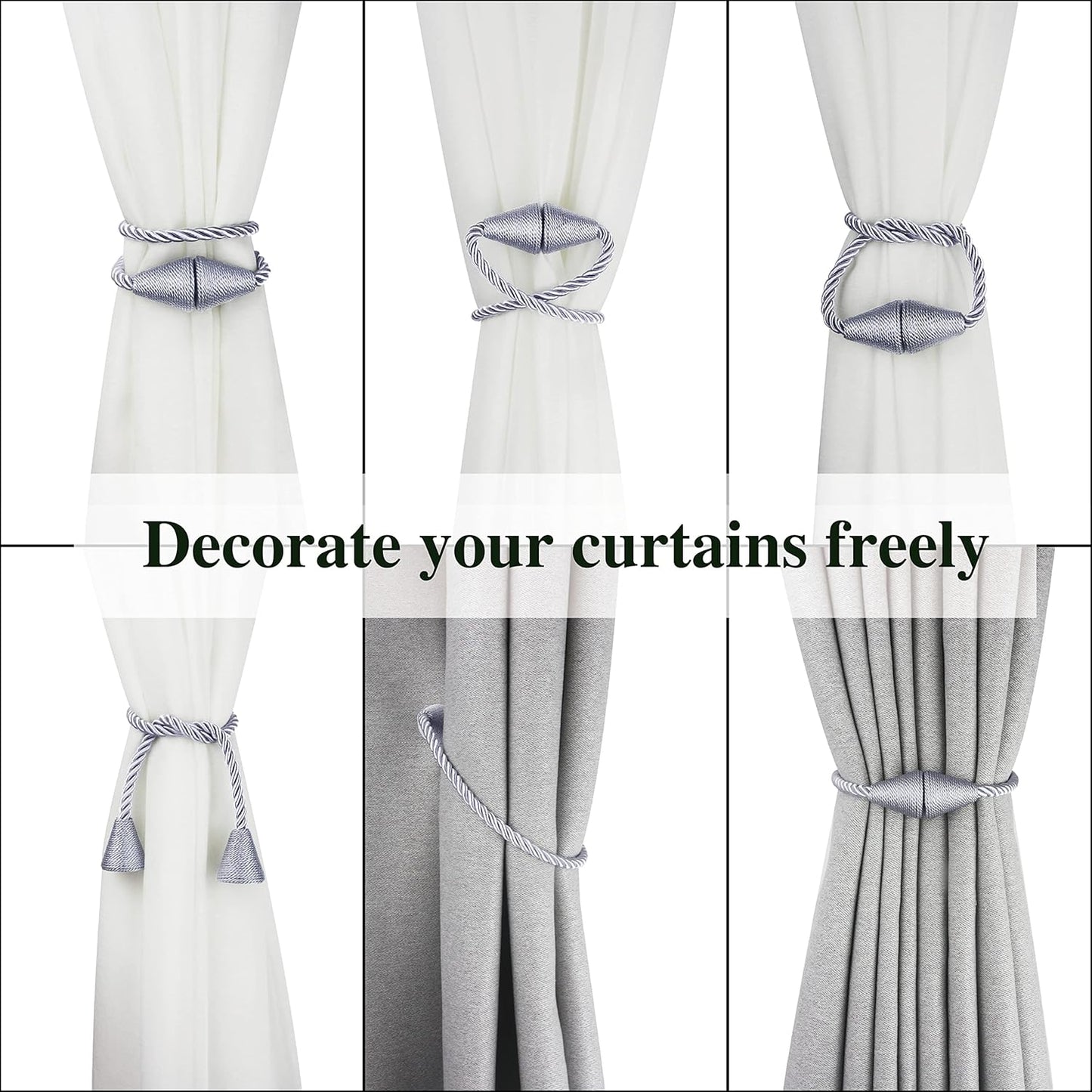 4 Pack Magnetic Curtain Tiebacks Rope Modern Handmade Curtain Tie Backs Decorative Drapes Weave Holdbacks for Window Décor, Grey