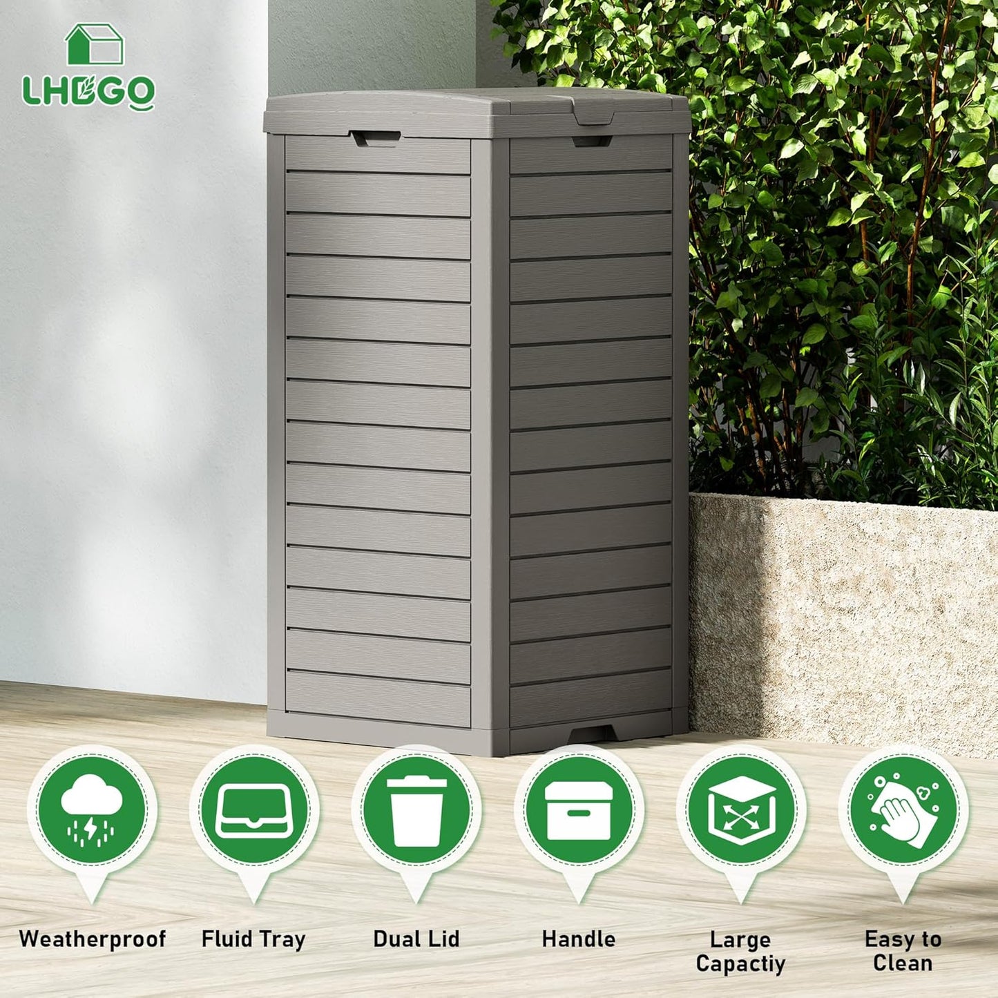 Outdoor Trash Can, 2 Set of 31 Gallon Garbage Can with Tiered Lid and Drip Tray, Waterproof Resin Patio Waste Bin for Garden, Backyard, Deck