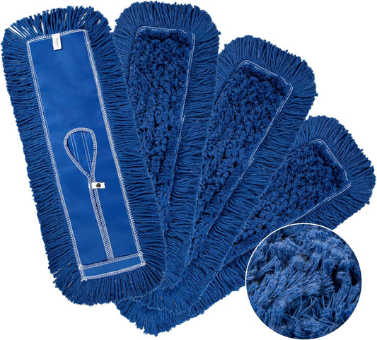 4 Pack - 24-Inch Washable Dust Mop Heads – Full Cloth, Extra Durable, Easy Button - No Clinging to Hair or Fur, Easy to Use Replacement for Commercial and Home Cleaning - iDeaology