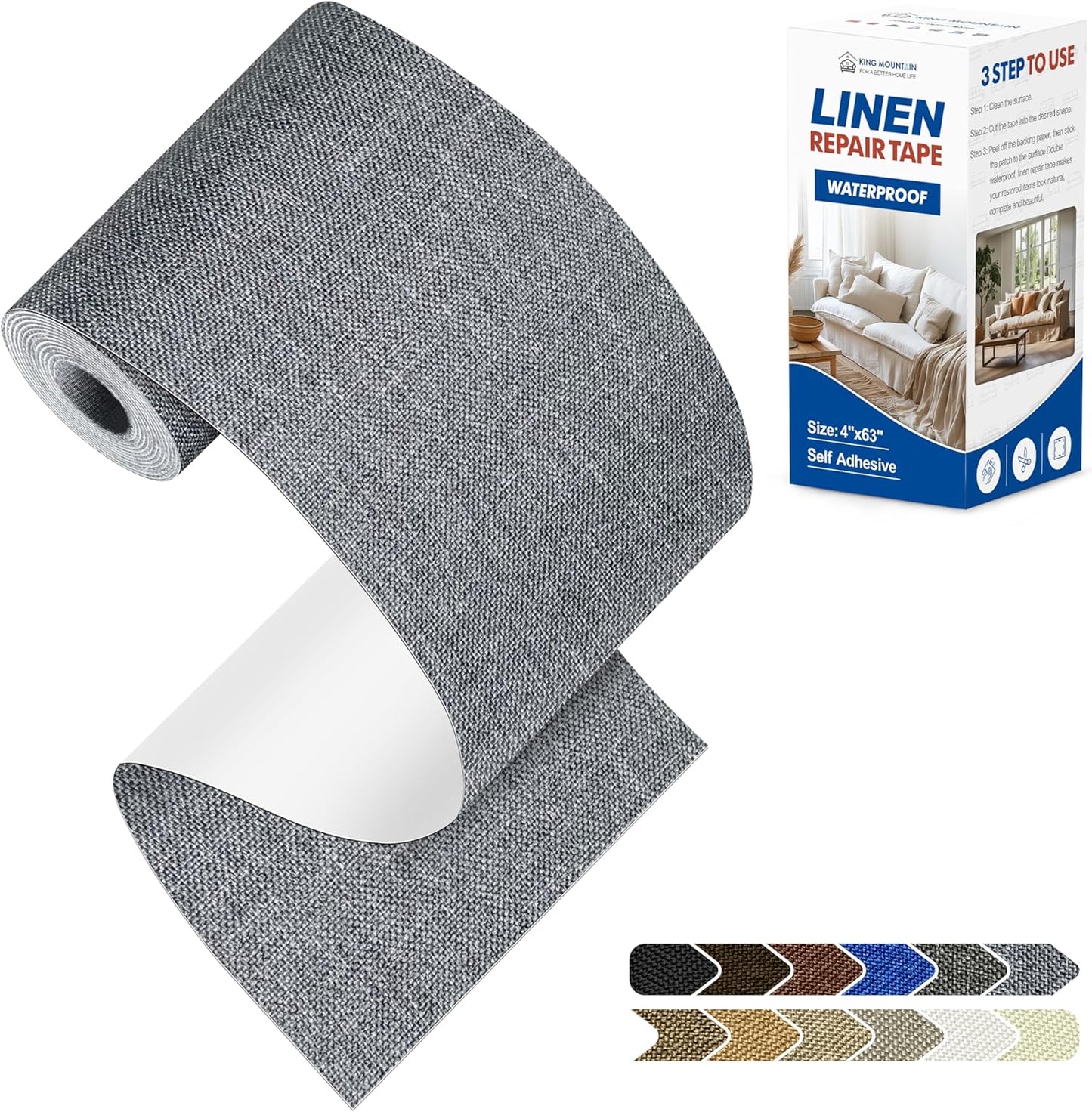 KING MOUNTAIN Linen Repair Patches, Self-Adhesive Fabric Patches, 4 X 63 inch Extra Size, Multi Color, Can be Used for Sofa Repair and Linen Clothes Repair (Charcoal Grey1.0)