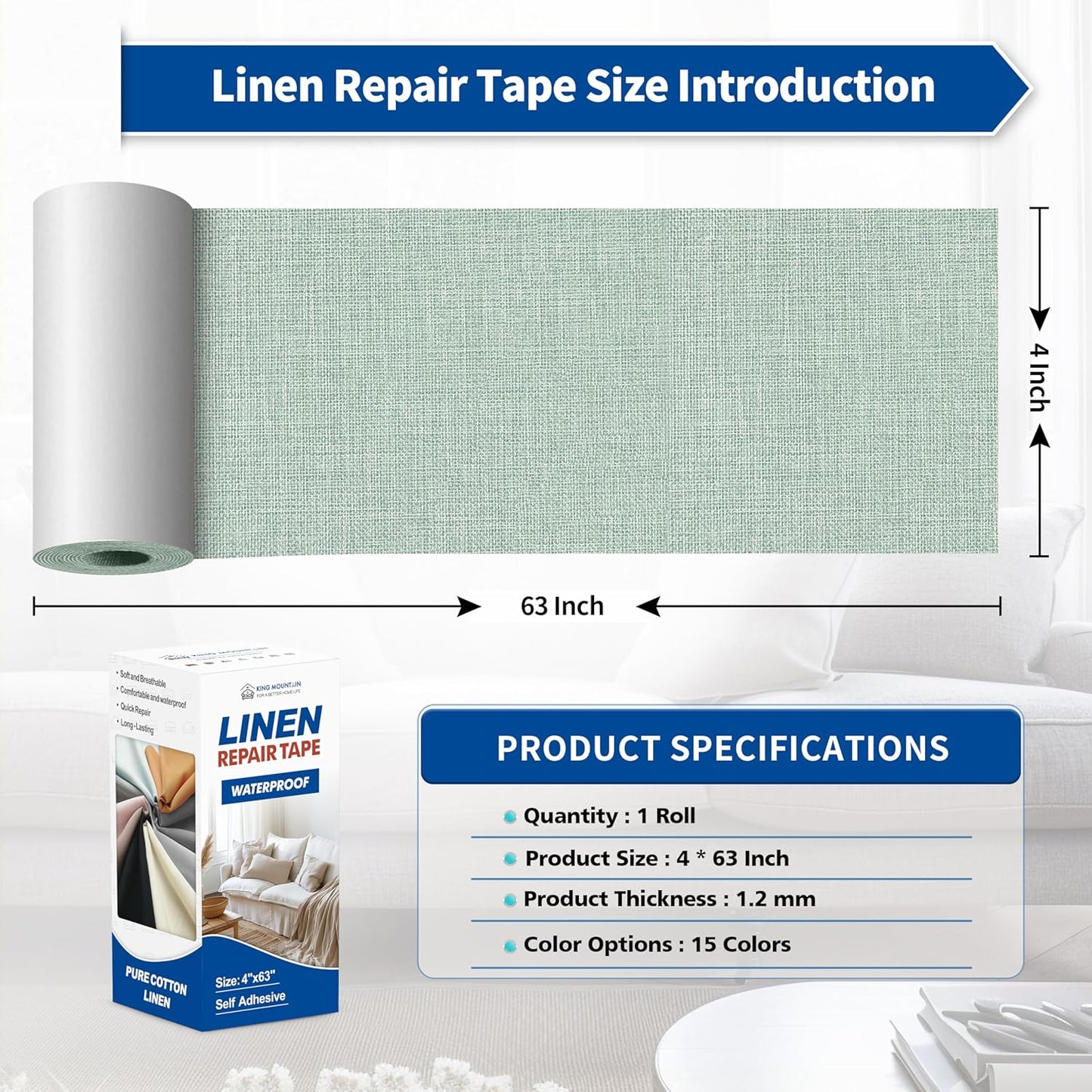 KING MOUNTAIN Linen Repair Patches, Self-Adhesive Fabric Patches, 4 X 63 inch Extra Size, Multi Color, Can be Used for Sofa Repair and Linen Clothes Repair (Light Green)