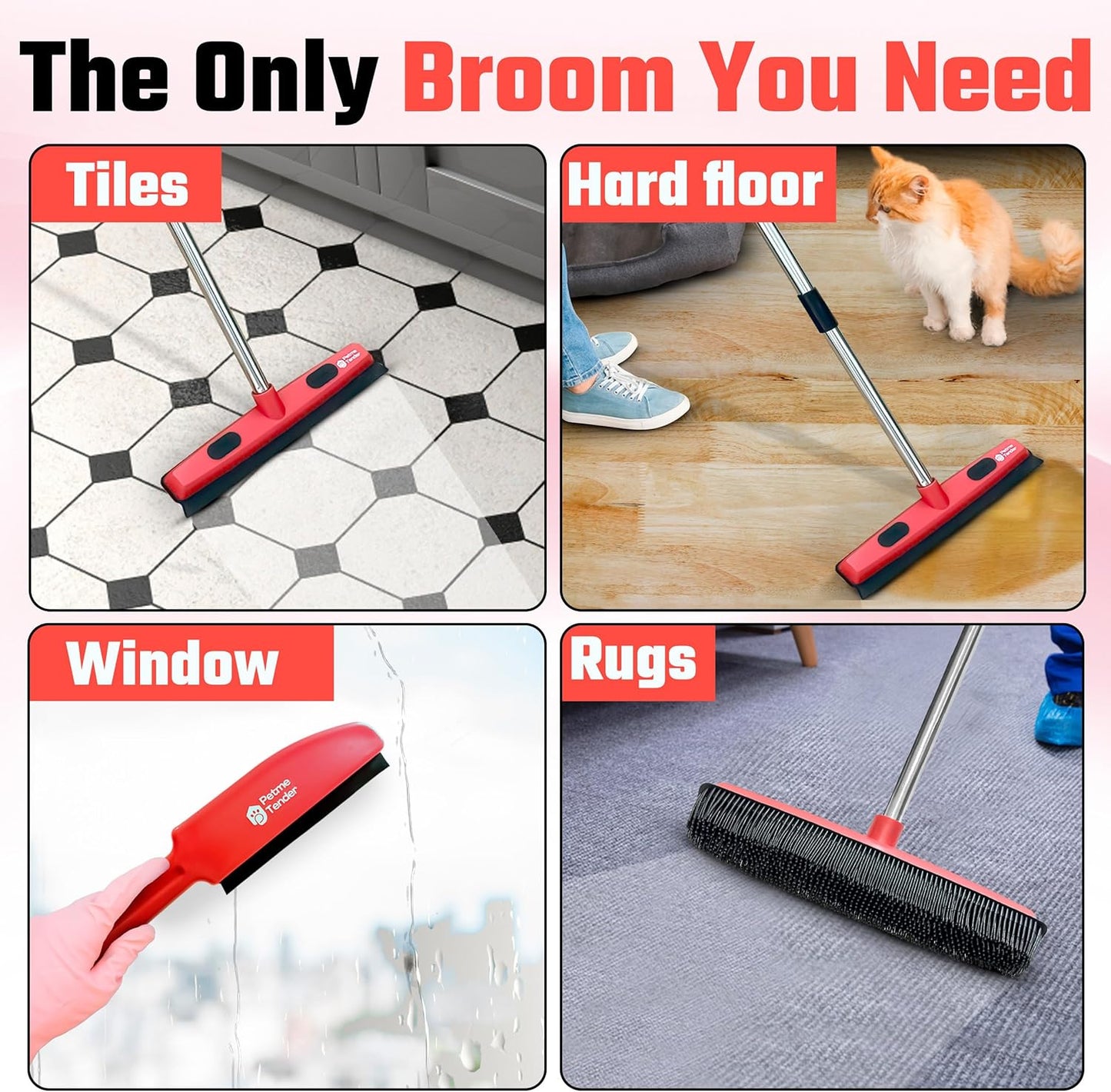 Hybrid Dog Pet Hair Removal Broom with Squeegee – Adjustable Handle Rubber Broom for Pet Hair on Carpet, Hardwood Floors, Tile, & Liquid-Dirt with 2 Portable Hair Brushes & Cloth