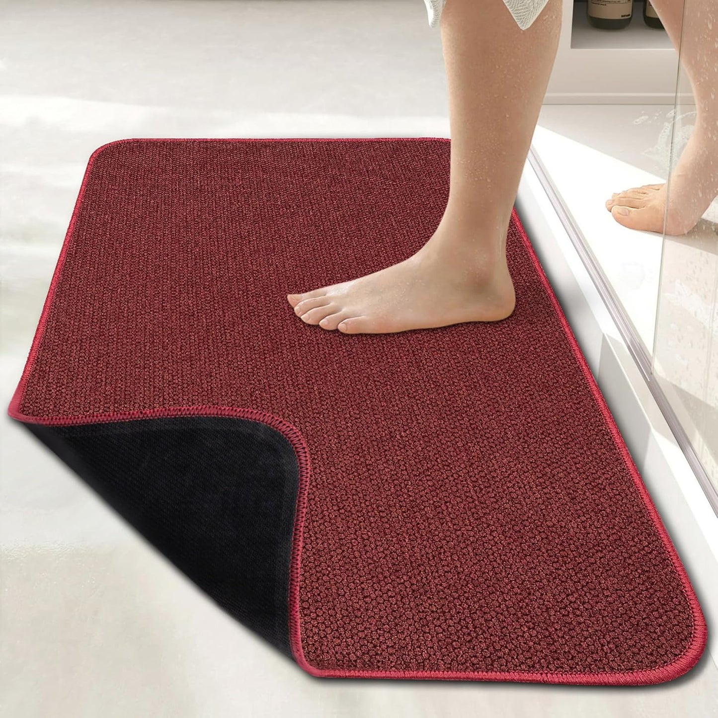 Bath Mat,Ultra Thin Bathroom Rugs,Rubber Bath Mats for Bathroom,No Slip Bath Rugs,Quick Dry,Machine Washable,Low Pile,Absorbent,Shower Outside,Sink,Home Decor Accessories.Red,1'5"x2'3"(17x27inch)