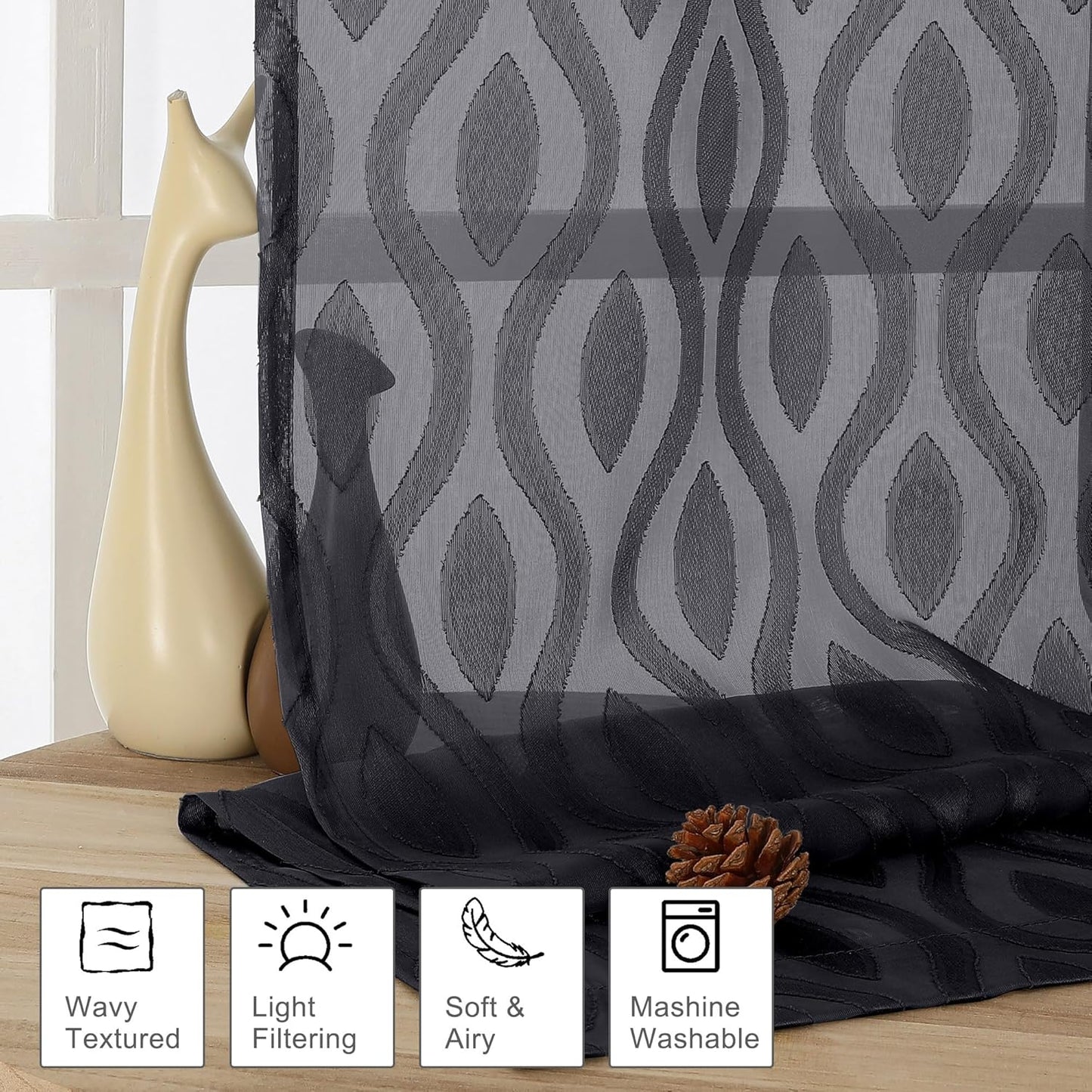 Aiyufeng Extra Long Sheer Curtains 96 Inches Long for Bedroom 2 Panels Set, Farmhouse Black Wavy Line Light Filtering Clip Jacquard Solid Voile Living Room Curtains, Dual Rod Pocket, 40"Wx96"L Inches