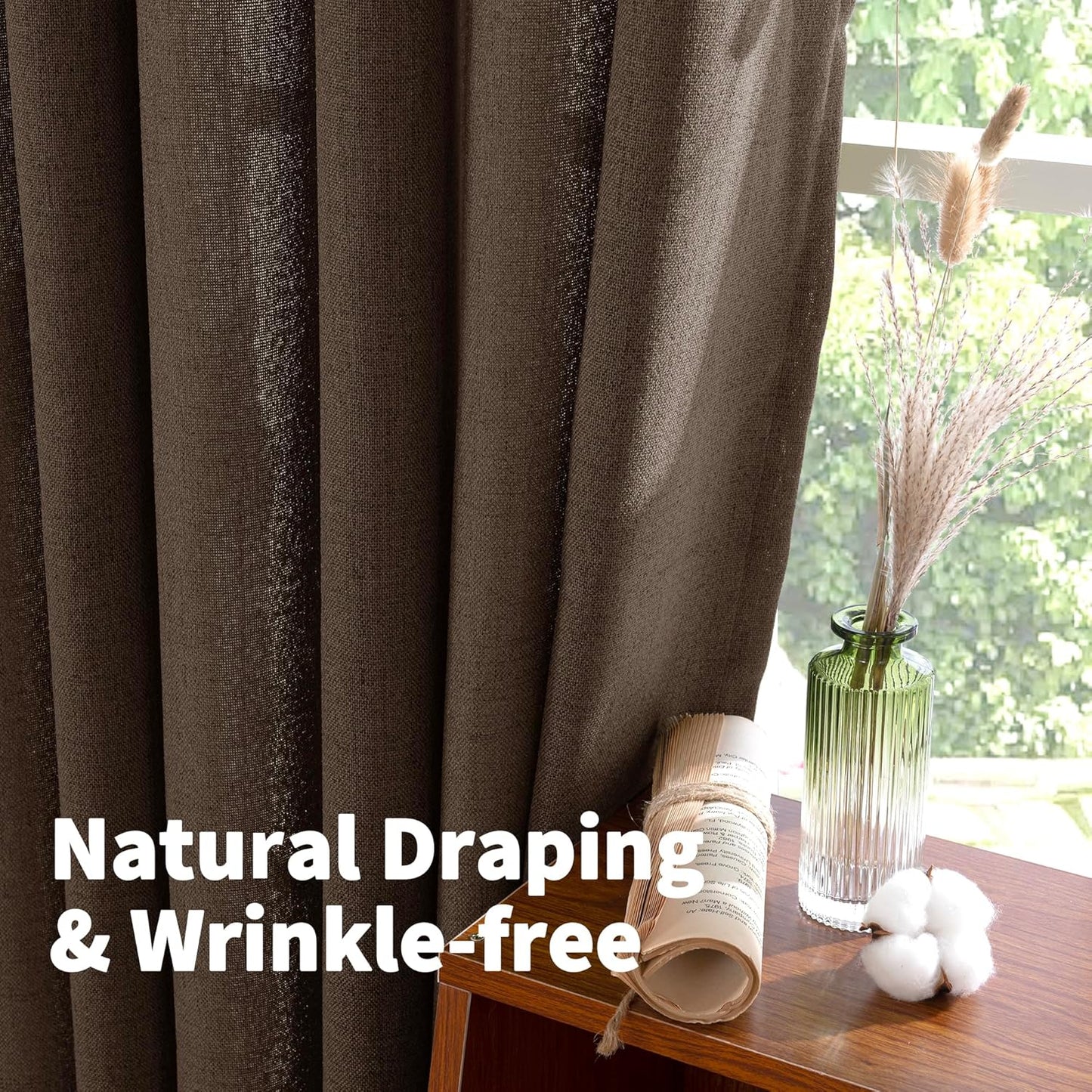 YoungsTex Brown Linen Curtains 48 Inches Long for Short Window, Light Filtering Drapes Privacy with Rod Pocket Back Tab for Bathroom Kitchen Window, 2 Panels, 42 X 48 Inch