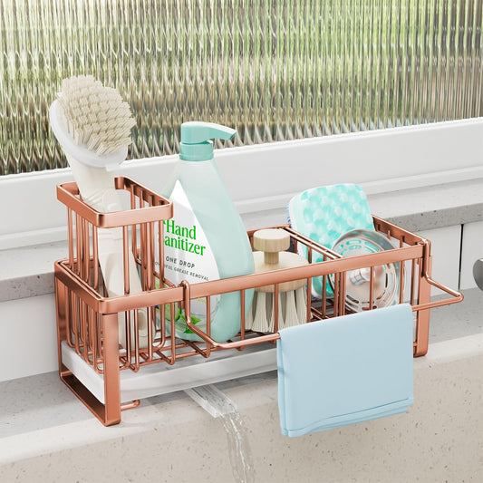 SWTYMIKI Sponge Holder for Kitchen Sink - Sink Caddy with Brush Holder Self-draining Sponge Caddy Organizer with Divider Stainless Steel Kitchen Accessories Storage for Countertop, Rose Gold