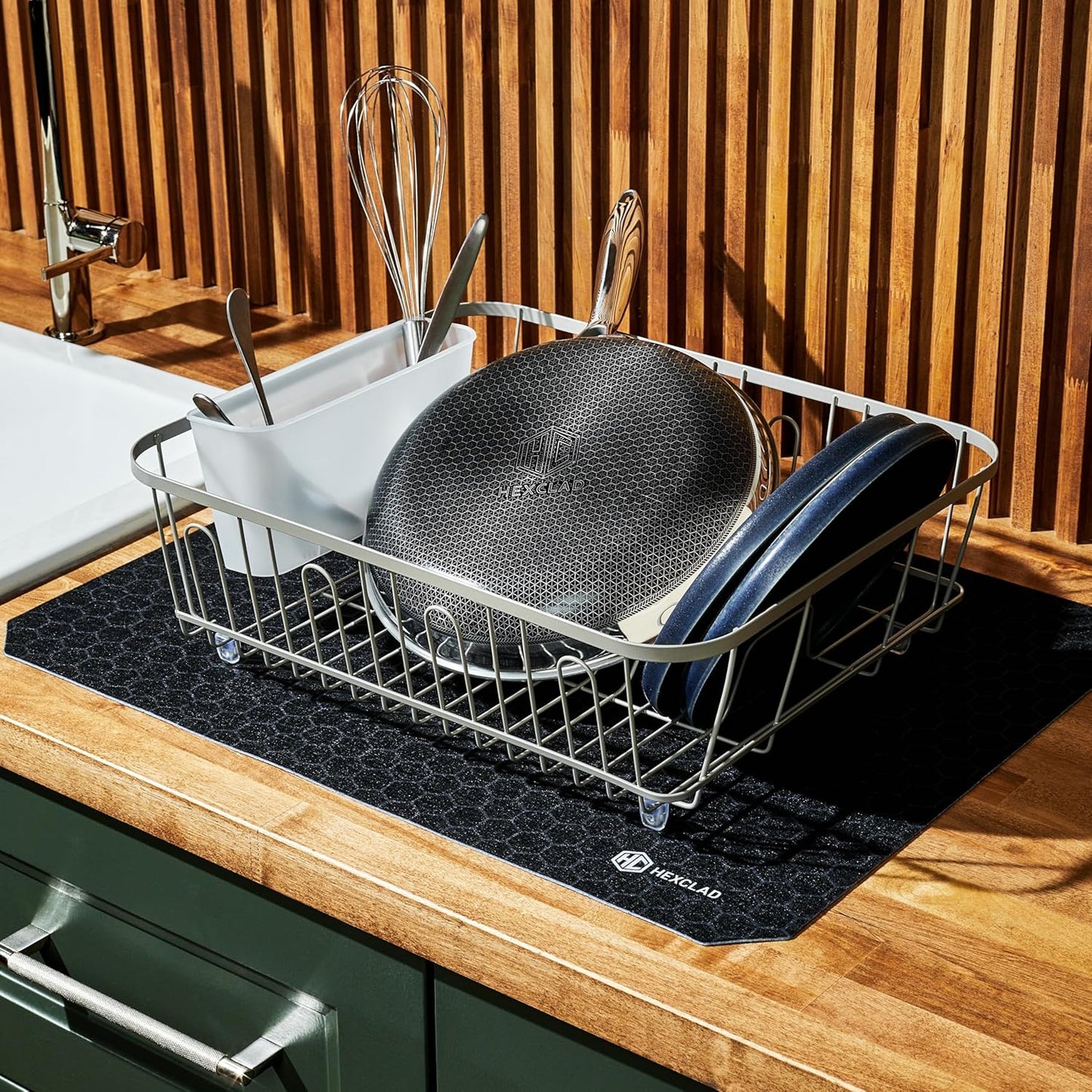 HexClad 2-Piece Dish Drying Mat Set Made of Absorbent Fabric that Holds up to 8oz of Liquid, Ultra-Thin Design for Fast Drying, Waterproof and Non-Slip Backing, Cut for a Universal Fit that Won’t Fray