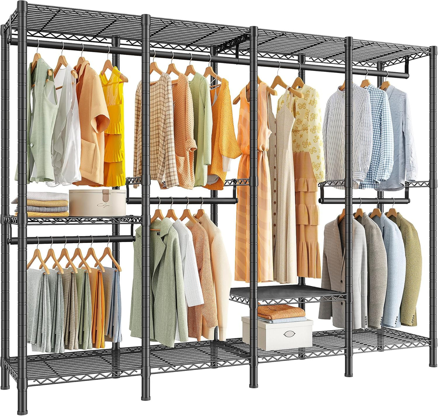 Raybee Heavy Duty Clothes Rack for Hanging Clothes,Clothing Rack with Shelves, Adjustable,76" W x 77" H x 18" D,Max Load 1150lbs,Black
