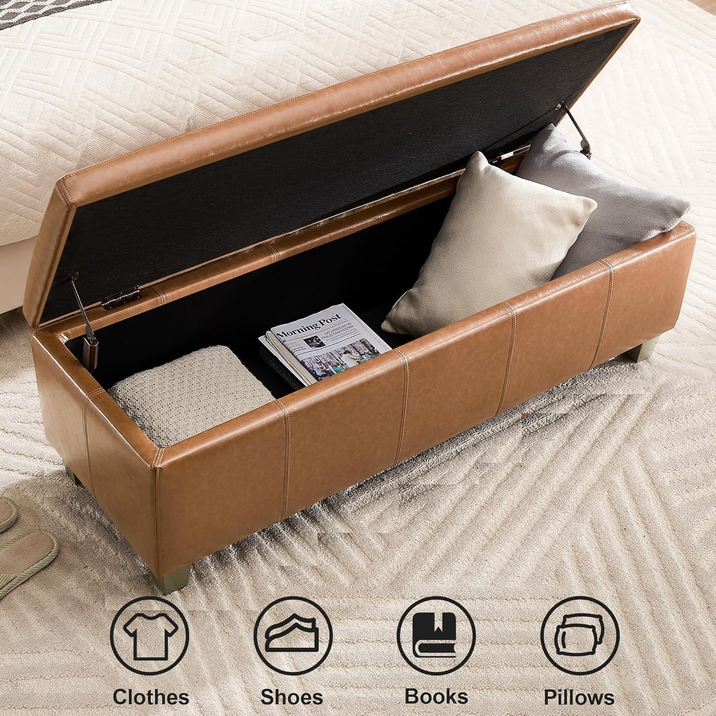 41" Faux Leather Storage Ottoman, Stitch Tufted Rectangle Upholstered End of Bed Storage Bench, Entryway Large Couch Ottoman with Wooden Legs, Light Brown