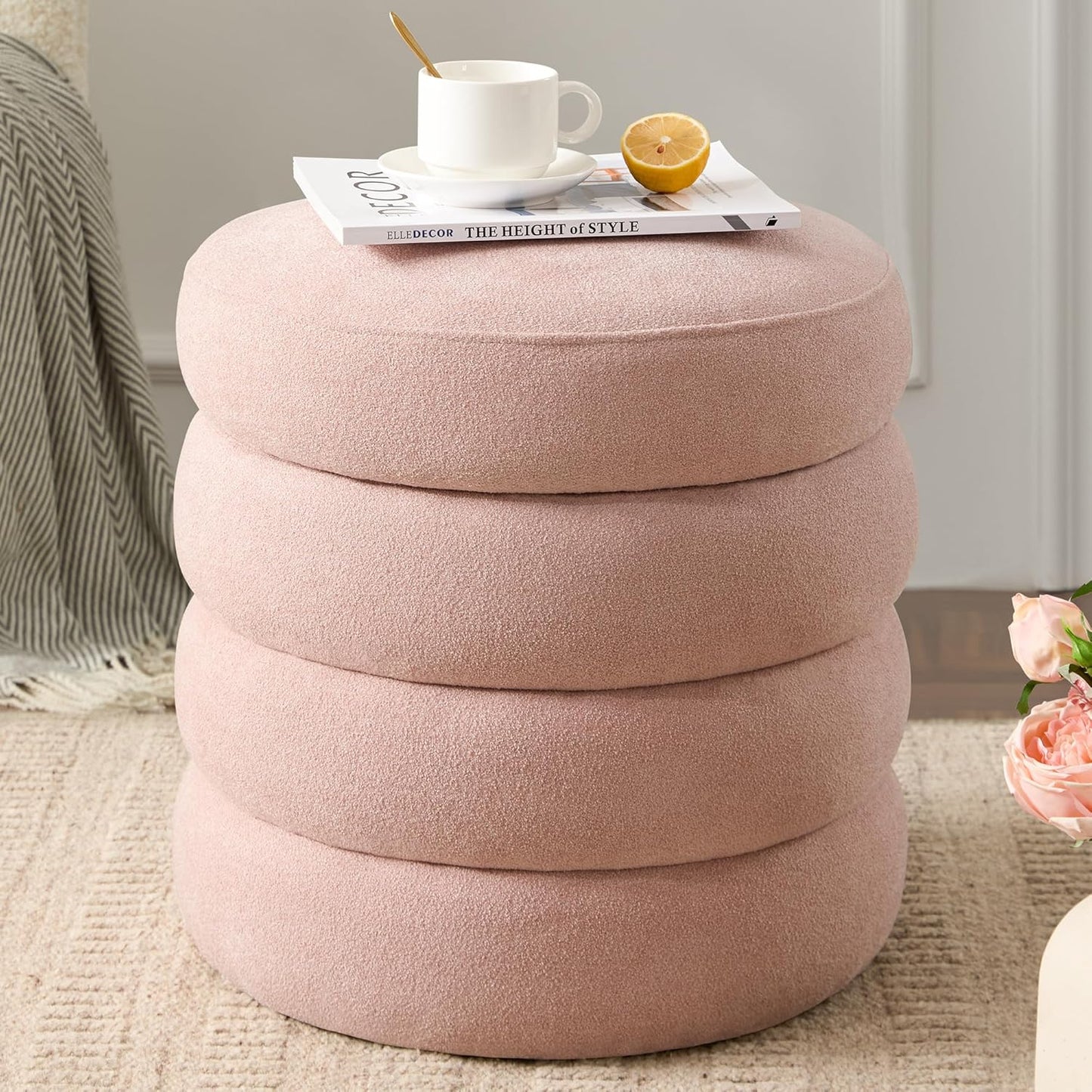Round Ottoman with Storage Boucle Ottoman Stool Removable Lid for Living Room Modern Upholstered Vanity Storage Stool Foot Rest Bedroom Dorm Gift Set of 1 (Pink)