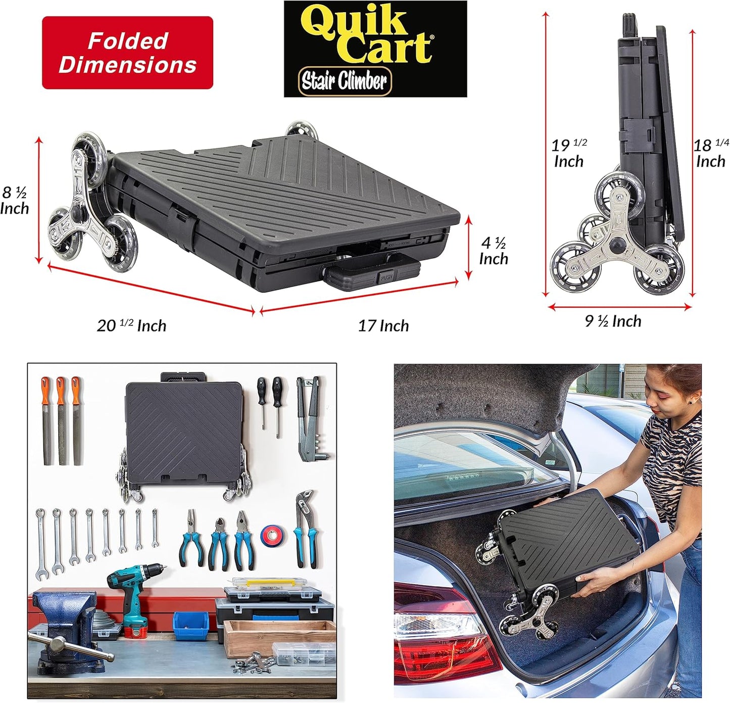 dbest products Quik Cart Stair Climber Wheeled Rolling Crate Teacher Utility with seat Heavy Duty Collapsible Basket with Handle, 18" D x 17" W x 39" H, Black