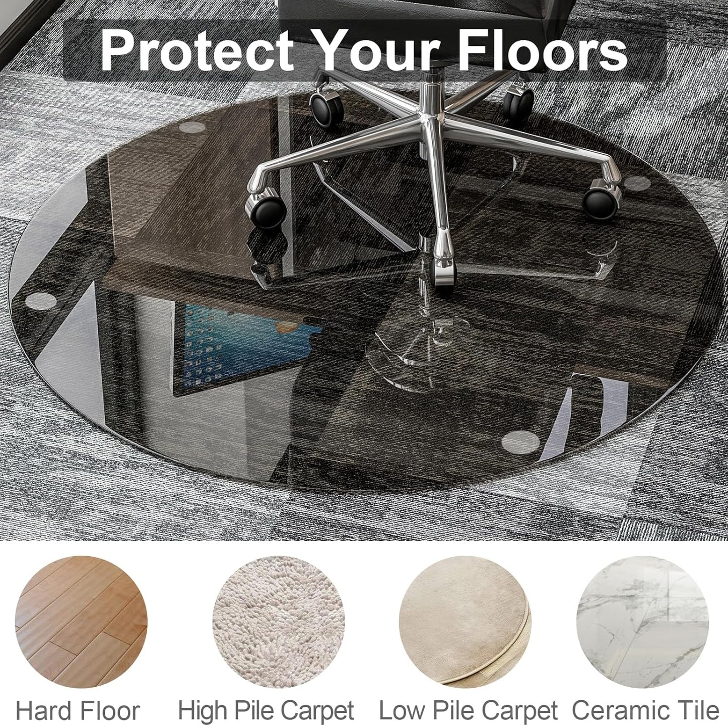 55" x 55" Round Tempered Glass Chair Mat for Carpet & Hardwood, Heavy-Duty Glass Floor Mat for Office Chair, Durable Glass Desk Mat for Home and Office, Grey