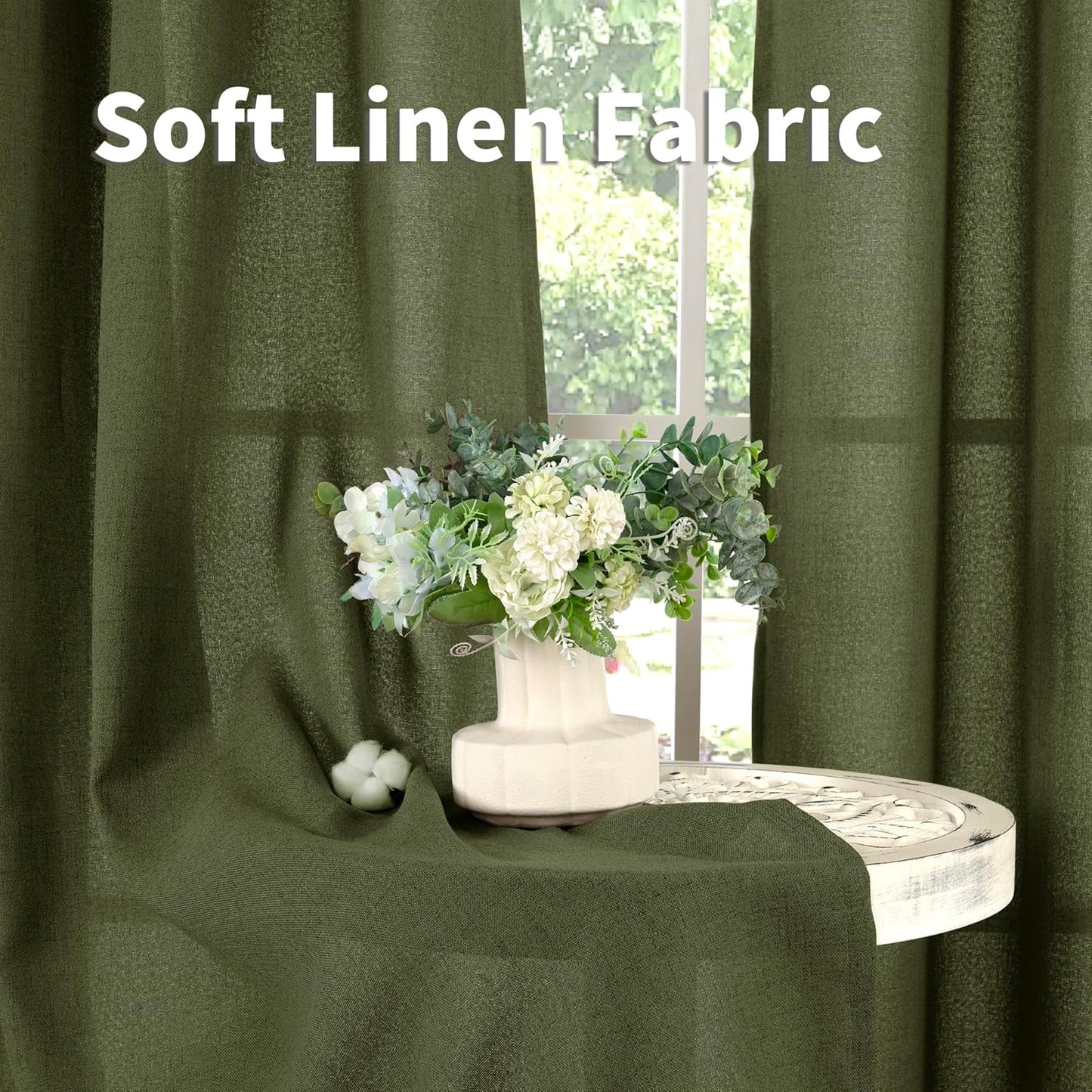 YoungsTex Olive Green Linen Curtains 40 Inch Length for Kitchen Window, Short Semi Sheer Drapes Textured Light Filtering with Rod Pocket Back Tab for Cafe Bathroom, 2 Panels, 42 X 40 Inch
