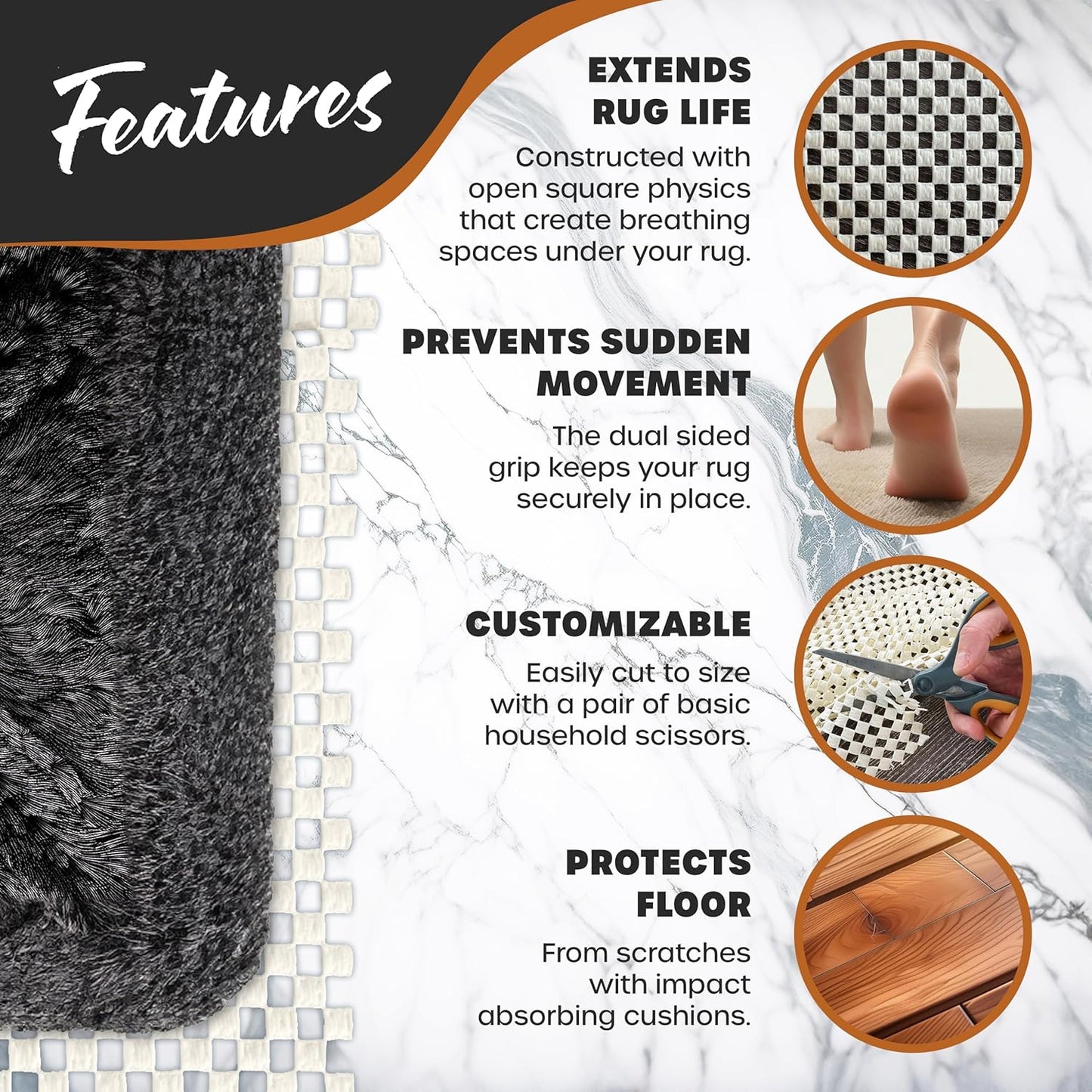 Nevlers 2 ft x 60 ft White Non Slip Rug Gripper Roll for Runners, Larger Rugs & Carpets | Strong Suction Non Skid Rug Pad for All Hard Surface Flooring | Breathable PVC Carpet Pad Anti Slip Rug Grips