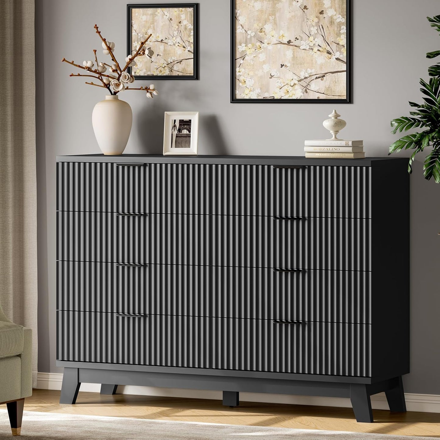 Fluted Dresser with 8 Drawers, 54" Wide Modern Chest of Drawers with Metal Handle, Wooden Dresser TV Stand, Wood Closet Clothes Storage Organizer for Bedroom, Living Room, Hallway, Solid Black