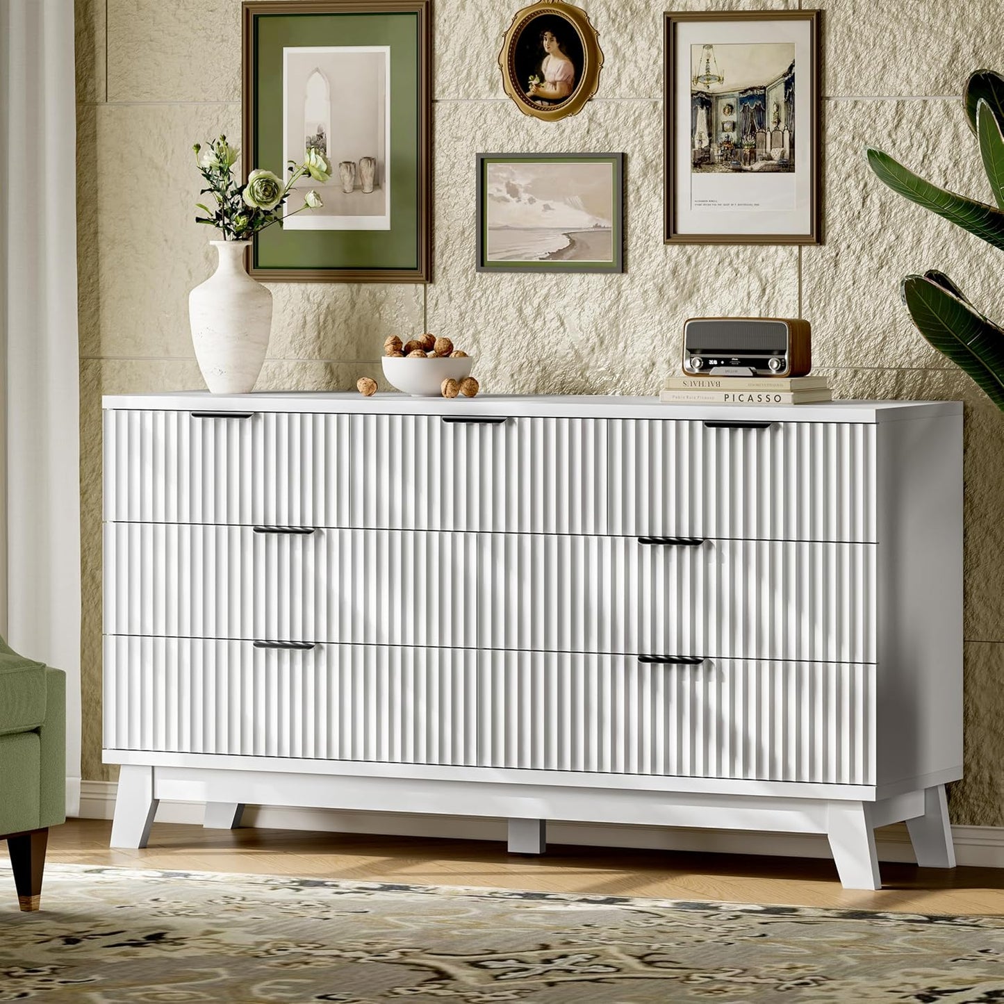 Fluted Dresser with 7 Drawers, 58" Wide Modern Chest of Drawers with Metal Handle, Wooden Dresser TV Stand, Wood Closet Clothes Storage Organizer for Bedroom, Living Room, Hallway, Solid White