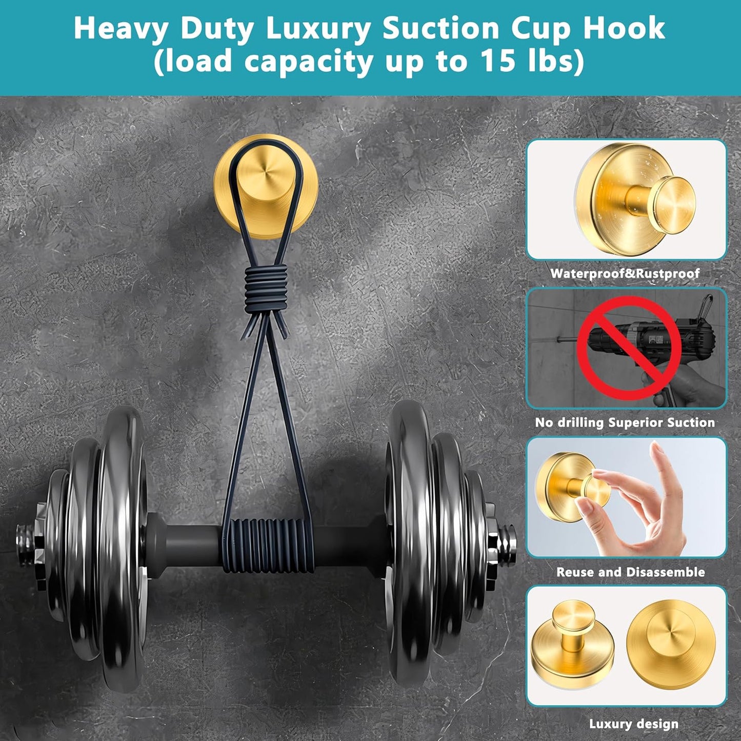 Suction Cup Hooks for Shower,Wreath Hanger for Front Door,Removable No Drill Waterproof Towel Loofah Hook,Upgraded 15 lbs Strong Suction Metal Hooks for Bathroom,Wall,Garland Glass Door-Gold 2 Pcs