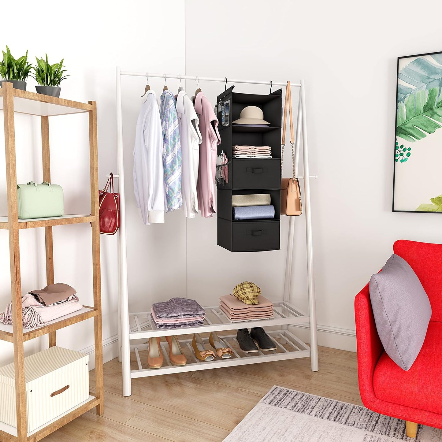 MAX Houser 5 Tier Shelf Hanging Closet Organizer, Cloth Hanging Shelf with 2 Sturdy Hooks for Storage, Foldable (Black-D2)