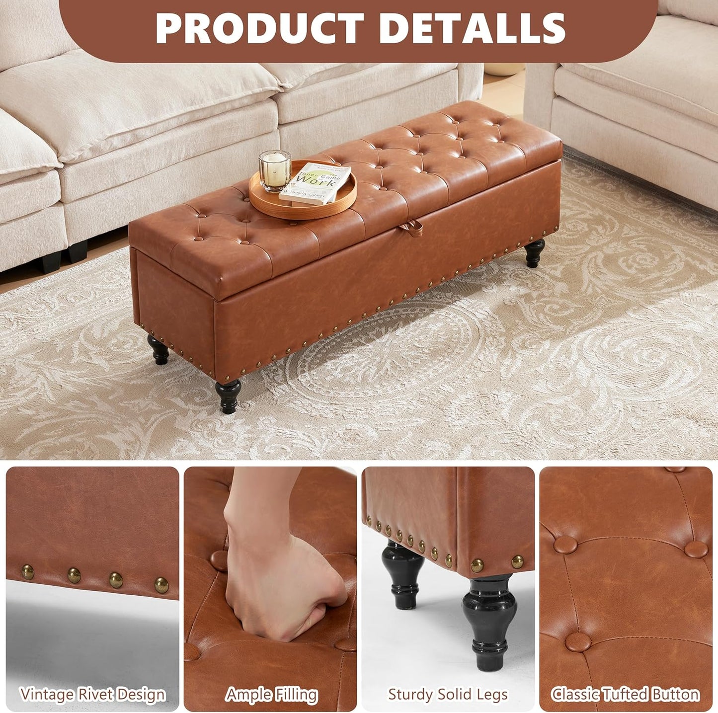 51.8’’ Storage Ottoman Bench, Faux Leather Ottoman with Storages, Window Benches Holds up to 330lbs, Upholstered Storage Bench for Bedroom, Living Room, Entryway and Family Room, Brown