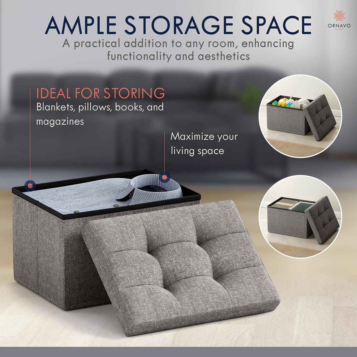 Ornavo Home Small Storage Ottoman Foldable Collapsible Rectangle Linen Ottoman Foot Rest Stool Seat, for Living Room, Bedroom, Home Office, Dorm - 12 x 16 x 12, Dark Gray