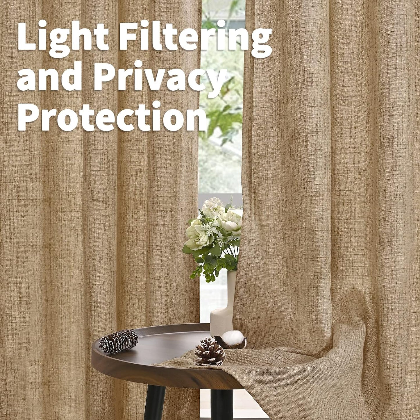 YoungsTex Toffee Linen Curtains 84 Inch Length 2 Panels for Farmhouse Living Room, Light Filtering Back Tab Burlap Textured Window Drapes for Bedroom Rod Pocket Rustic/Country, 52 X 84 Inch