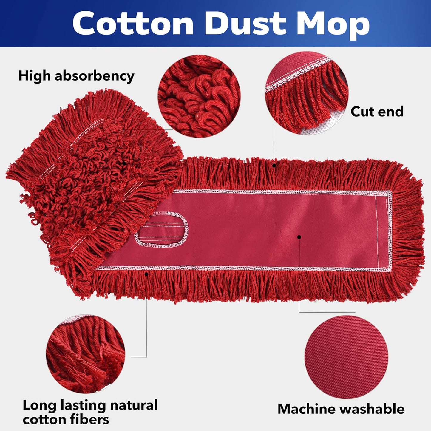 Matthew Cleaning 36'' Industrial Strength Cotton Dust Mop Refill Washable Replacement Heads for Residential & Commercial Use Fit Standard Dust Mop Frames, Hardwood, Concrete Floors Red 3 Pack