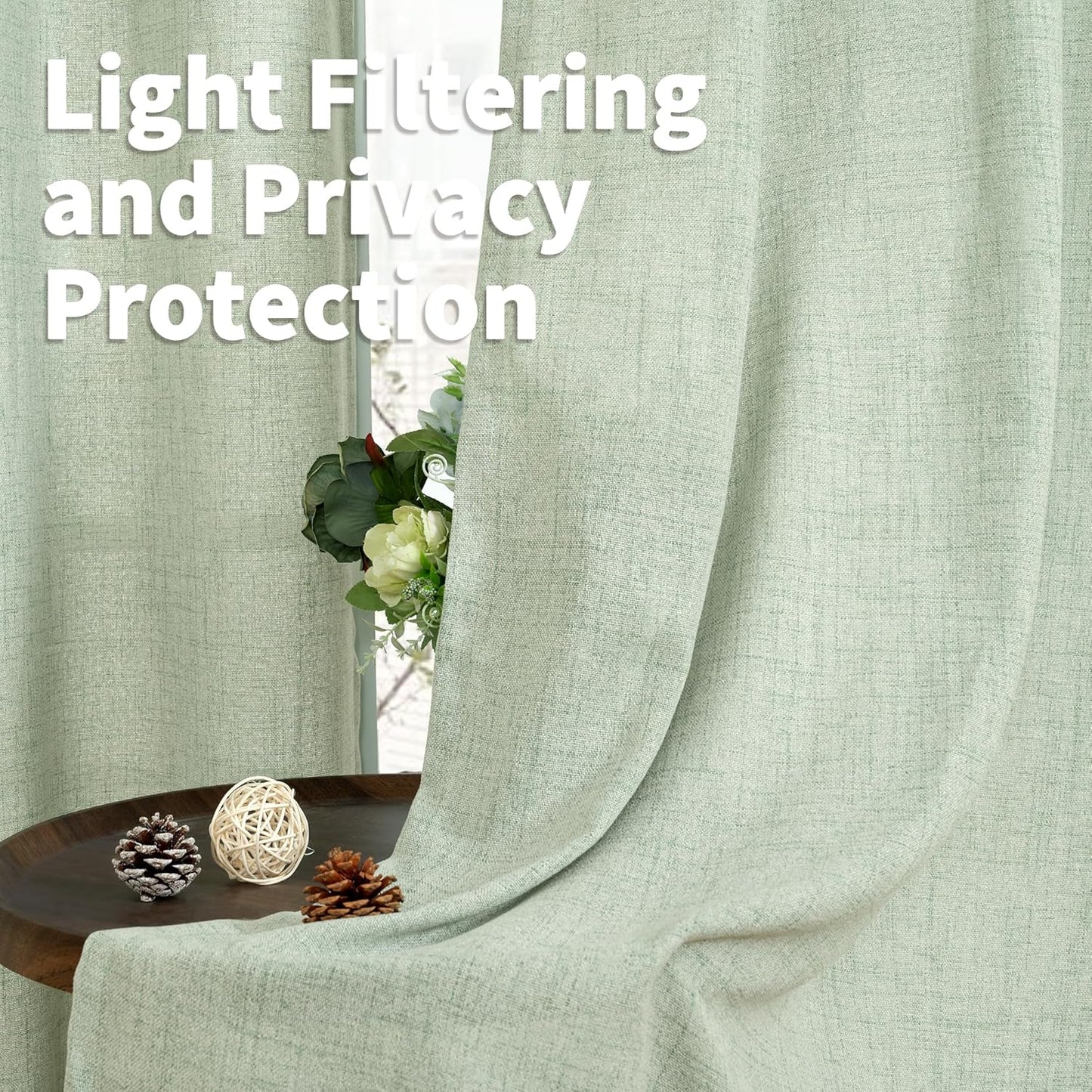 YoungsTex Sage Green Linen Semi Sheer Curtains 45 Inch Length for Kitchen Window, Light Filtering Short Drapes with Rod Pocket Back Tab for Bathroom Bedroom, 2 Panels, 42 X 45 Inch