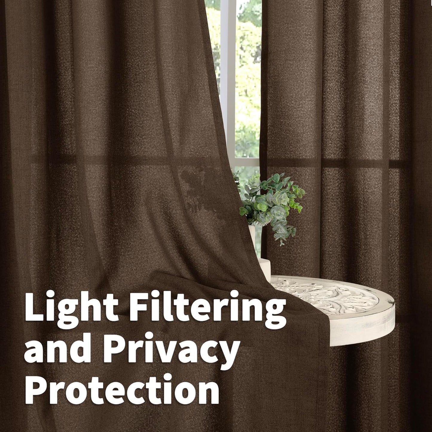 YoungsTex Brown Linen Curtains for Living Room 63 Inches Long, Chocolate Semi Sheer Drapes Textured Light Filtering Window Treatments with Rod Pocket Back Tab for Bedroom, 2 Panels, 52 X 63 Inch