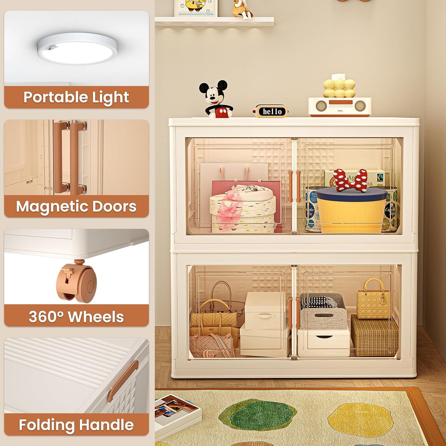 376QT/94Gal 2 Layers Stackable Storage Bins with Lids And Doors - Sensor Lights in Cabinets, Large Collapsible Container Box with 6 Wheels, Plastic Foldable Organizer for Home and Office