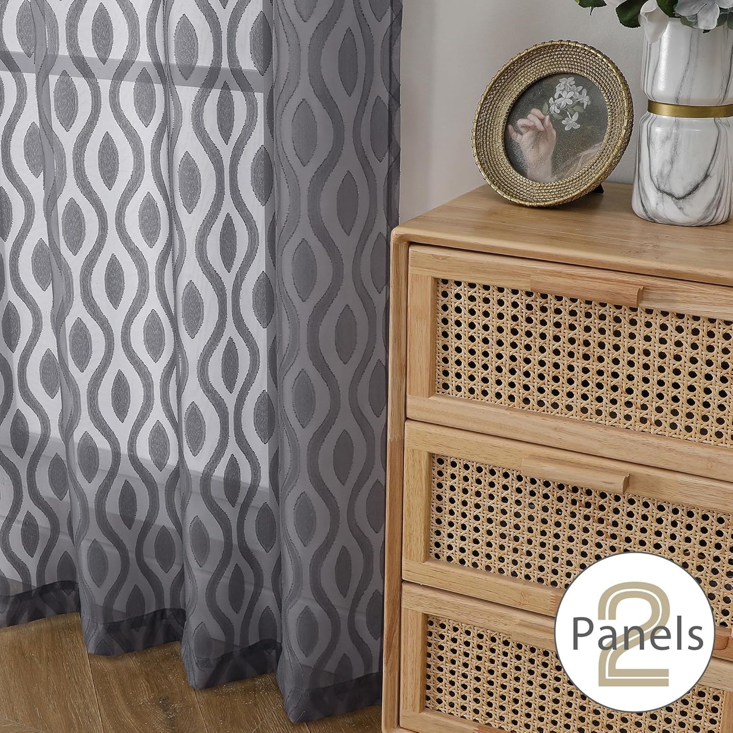 Aiyufeng Grey Sheer Curtains Tiers 36 Inch Length 2 Panels Set, Airy Lightweight Clip Jacquard Small Window Curtains, Modern Wavy Line Textured Voile Sheer Curtains for Small Windows, 40" Wx36 L Inch