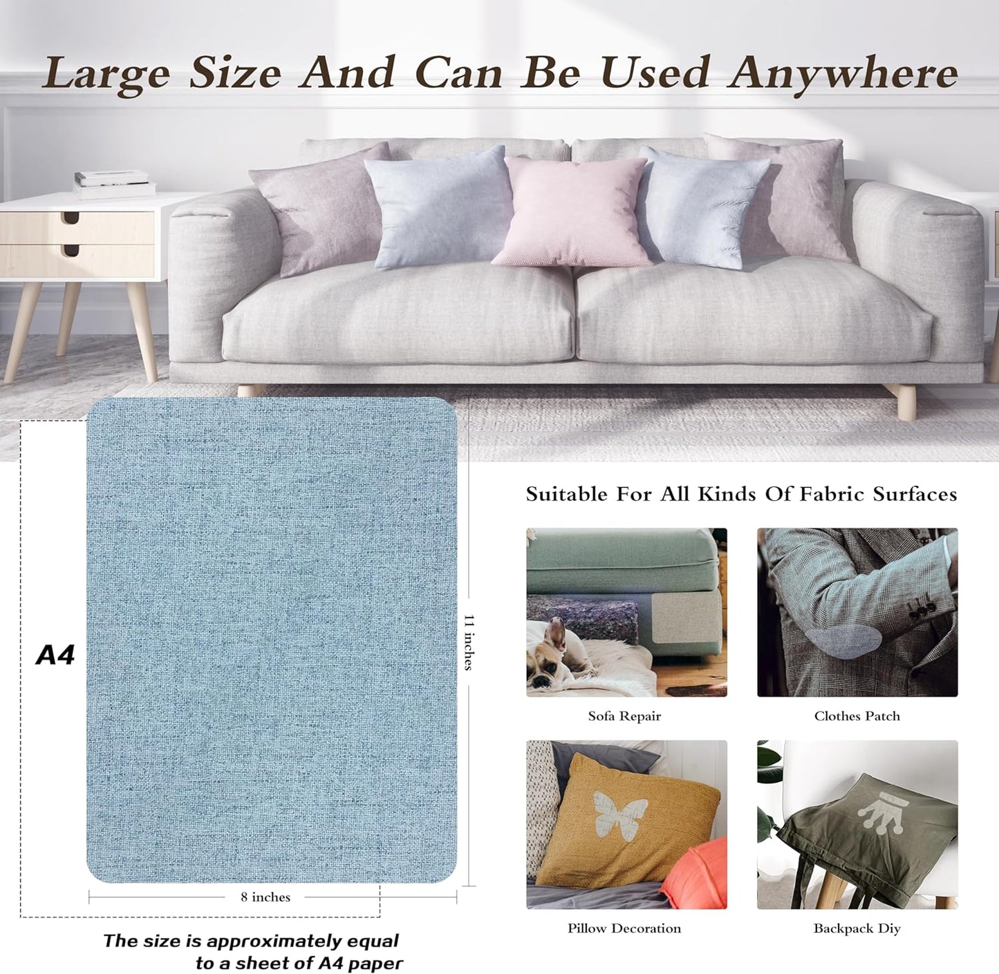 Fine Linen Fabric Patches, Self-Adhesive, 8x11 inch Extra Size, Multi Color, for Sofa and Clothes Repair (Blue Grey)