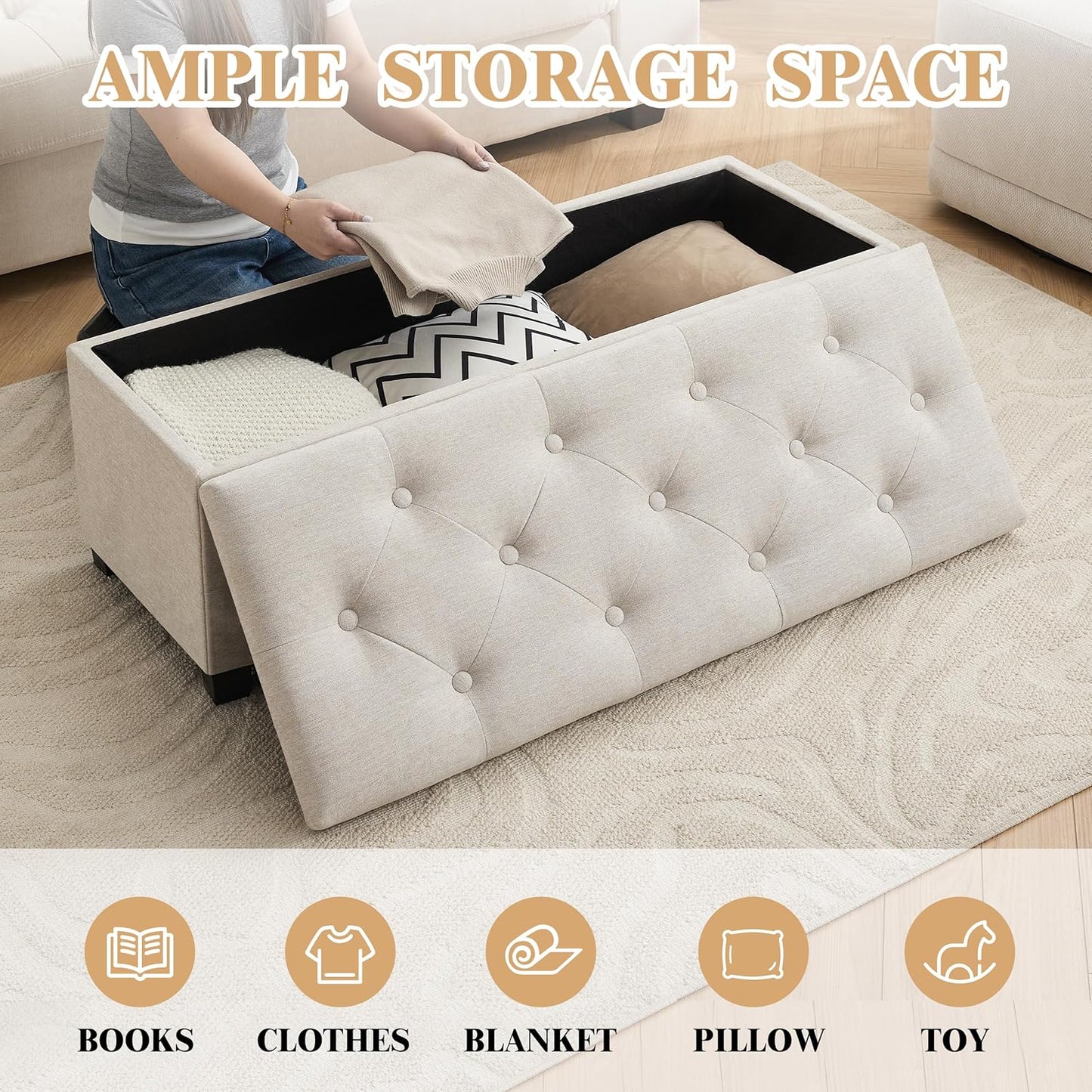 43’’ Storage Ottoman Bench, Linen Entryway Benches Load up to 660 Lb, Modern End of Bed Benches for Bedroom, Ottoman with Storage Bench for Living Room, Beige