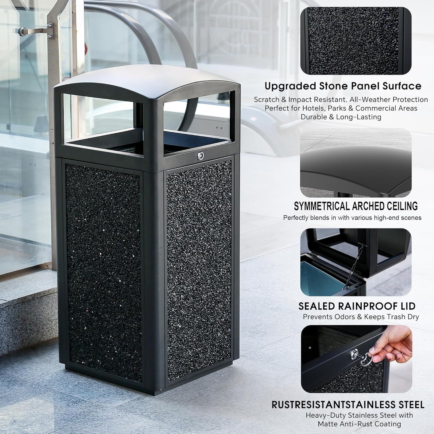 Commercial Metal Outdoor Trash Can with Lid, Lockable Outdoor Garbage Can with Nature Stone Panels, Heavy-Duty Rustproof Trash Bin with Removable Liner for Parks & Public Spaces