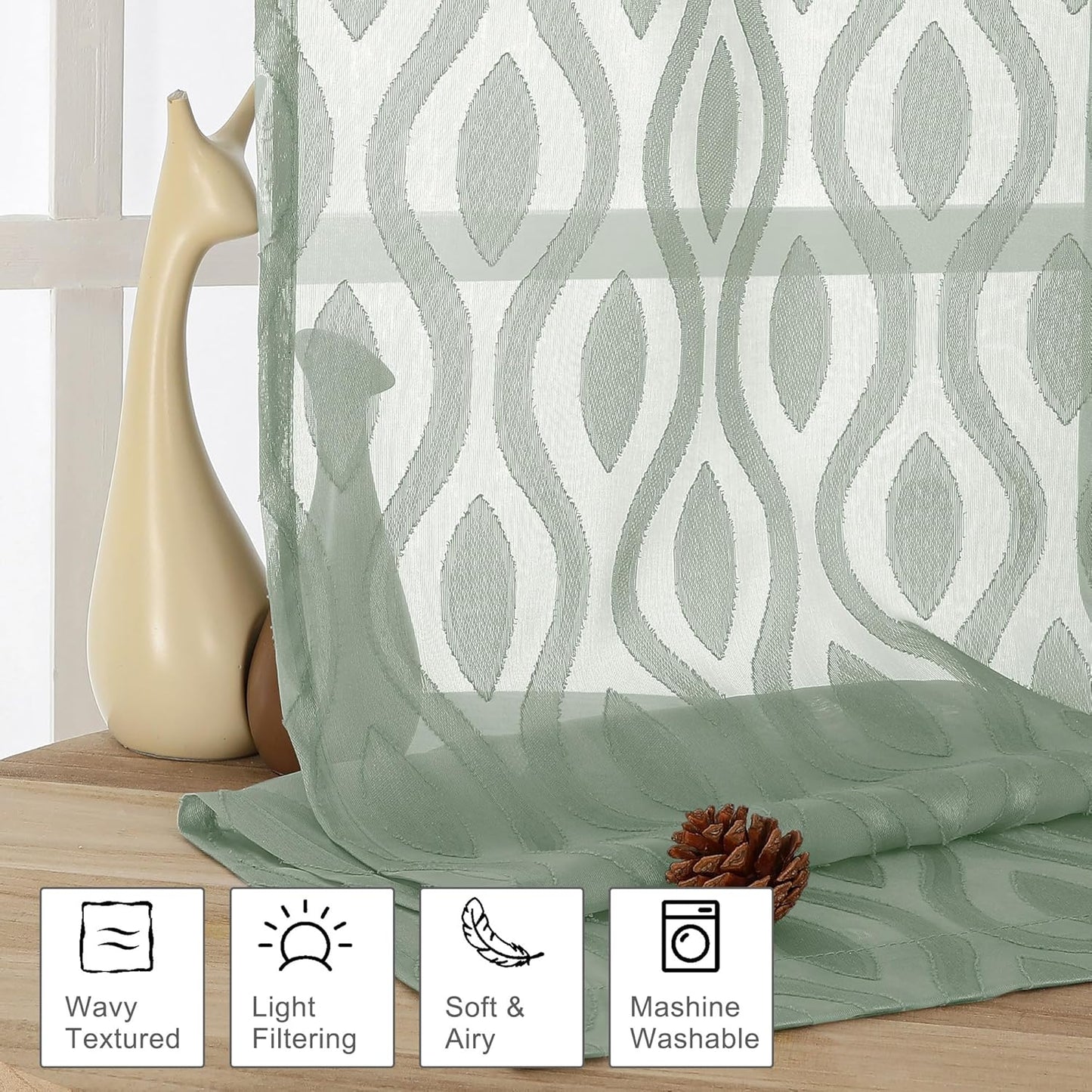 Aiyufeng Sheer Green Curtains 84 Inches Long 2 Panels, Modern Airy Light Filtering Wavy Line Clip Jacquard Window Treatments for Bedroom Living Room, Rod Pocket Curtain Drapes, Total 80 inches Width