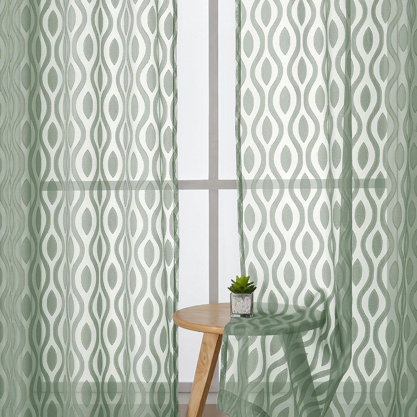 Aiyufeng Green Sheer Curtains 72 Inches Long 2 Panels Set, Lightweight Clip Jacquard Textured Sheer Privacy Curtains for Bedroom Living Room, Classic Wavy Line Design Door Curtains, 40" Wx72 L Inches