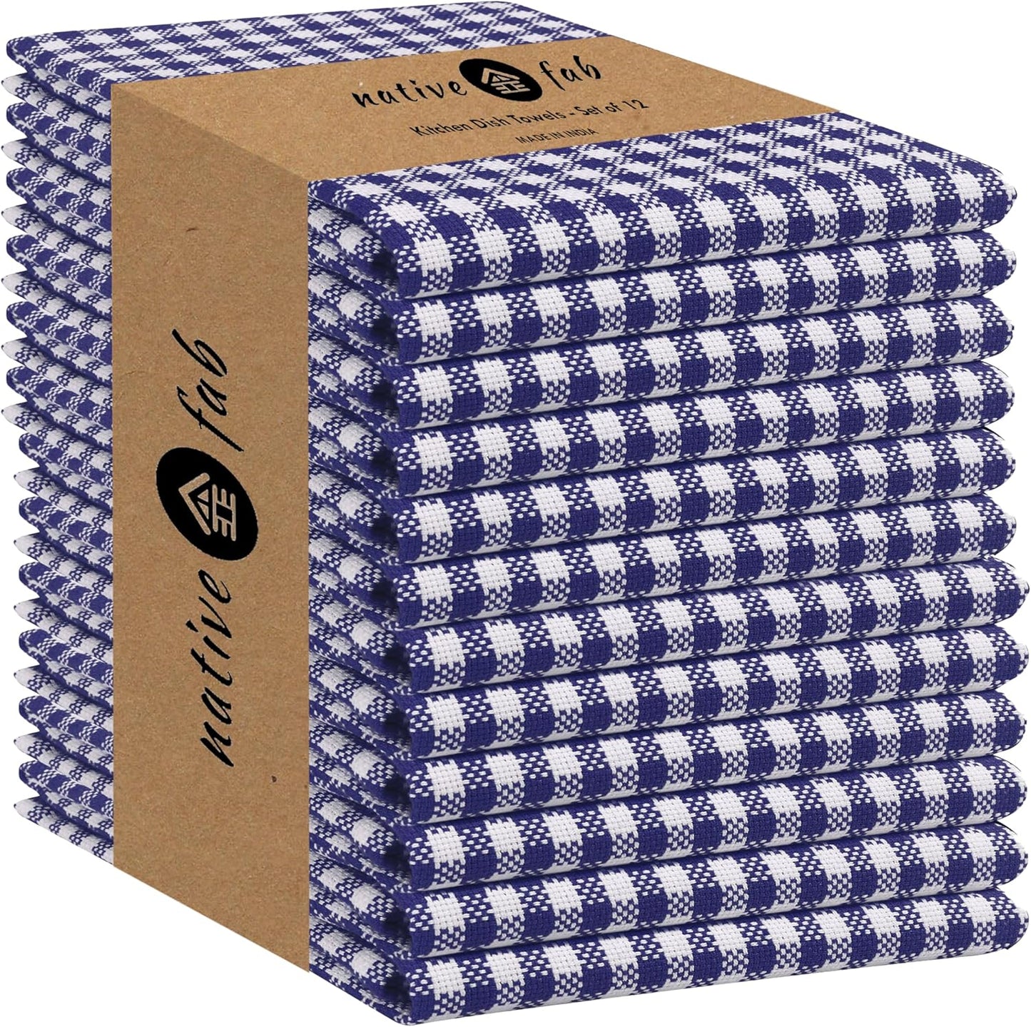 Native Fab 12 Pack Gingham Mini Check Kitchen Dish Towel Cotton Durable Washable 16"x26" - Tea Towels, Soft Absorbent Cleaning Towels, Hand Towel with Hanging Loop - Blue White