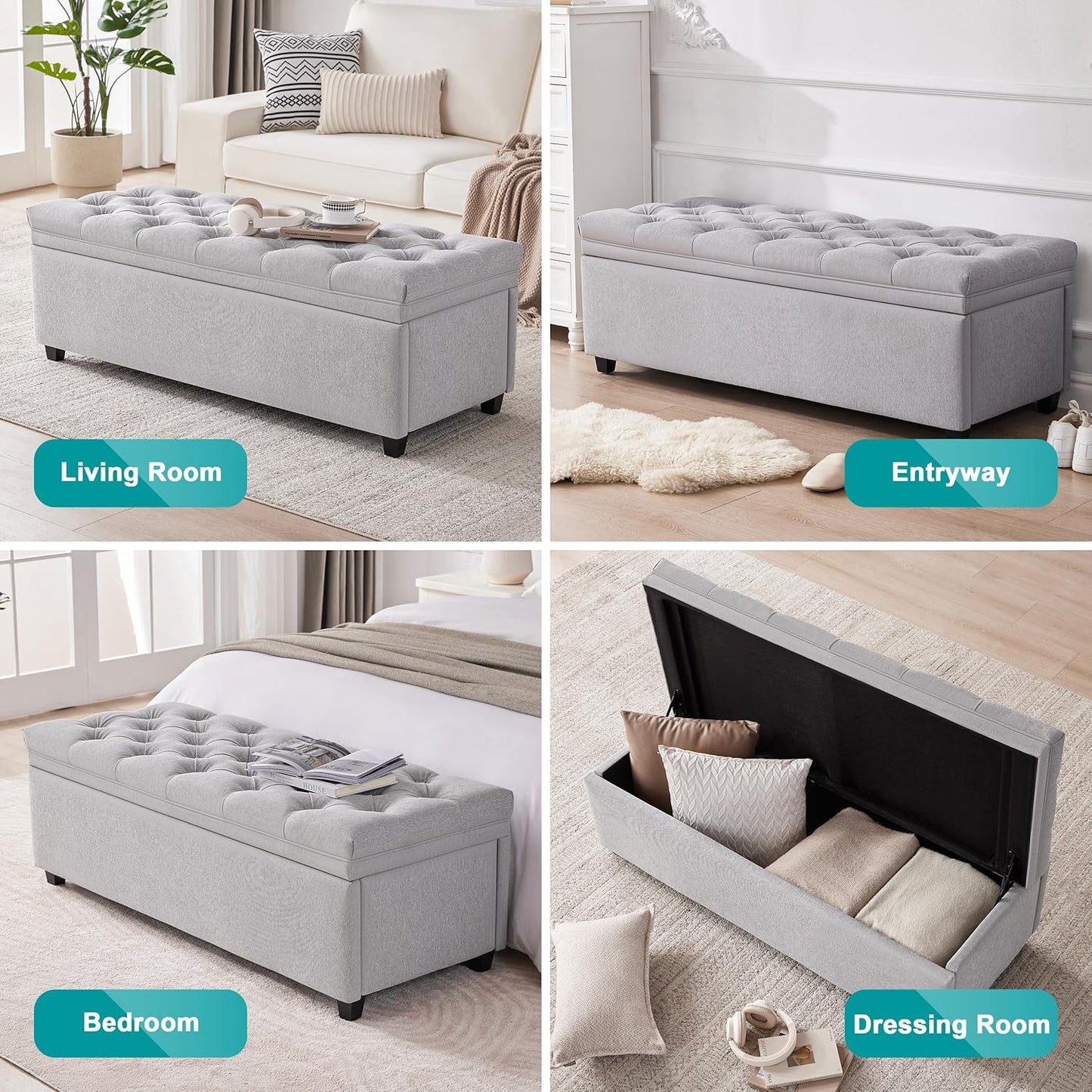 50" Storage Ottoman Bench, Tufted Ottoman with Storage for Living Room, Large End of Bed Ottomans, Modern Entryway Benchs, Window & Bedroom Benches for Foot of Bed (LightGray)