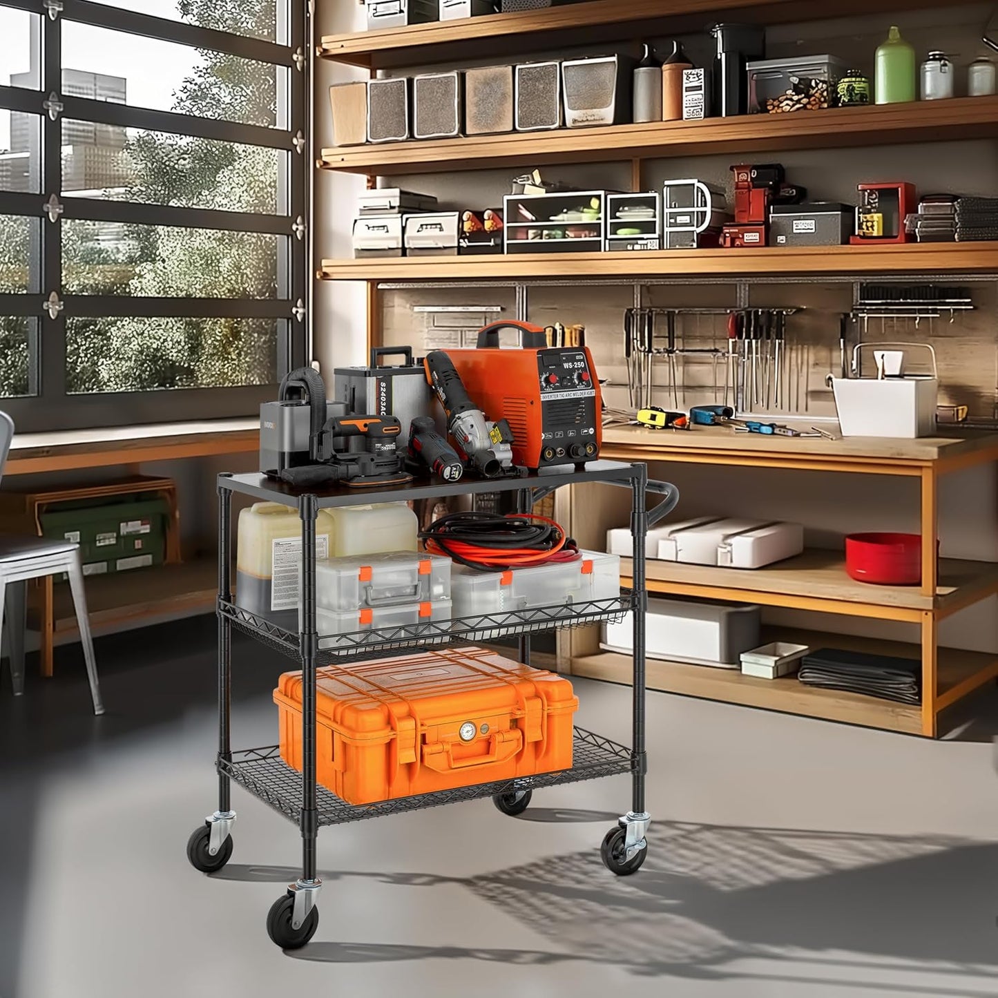 Finnhomy 3 Tier Heavy Duty Commercial Grade Utility Cart with Wood Top, Wire Rolling Cart with Wheels and Handle Bar, Kitchen Carts on Wheels, Metal Cart with 600 LBS Capacity, Black